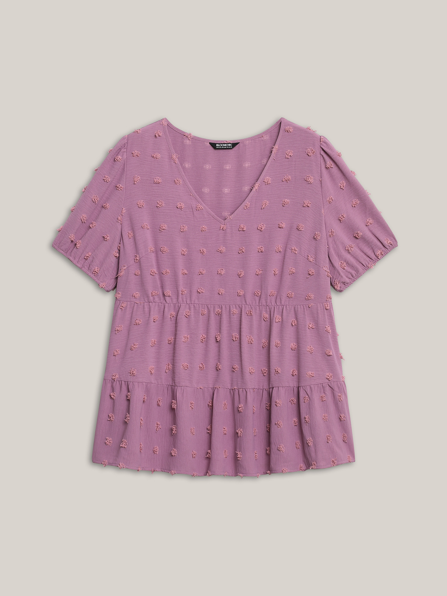 Plus Size Mauve Textured Puff Sleeve Tiered Blouse Women Casual Short sleeve V-neck Everyday Blouses BloomChic 28/5X 