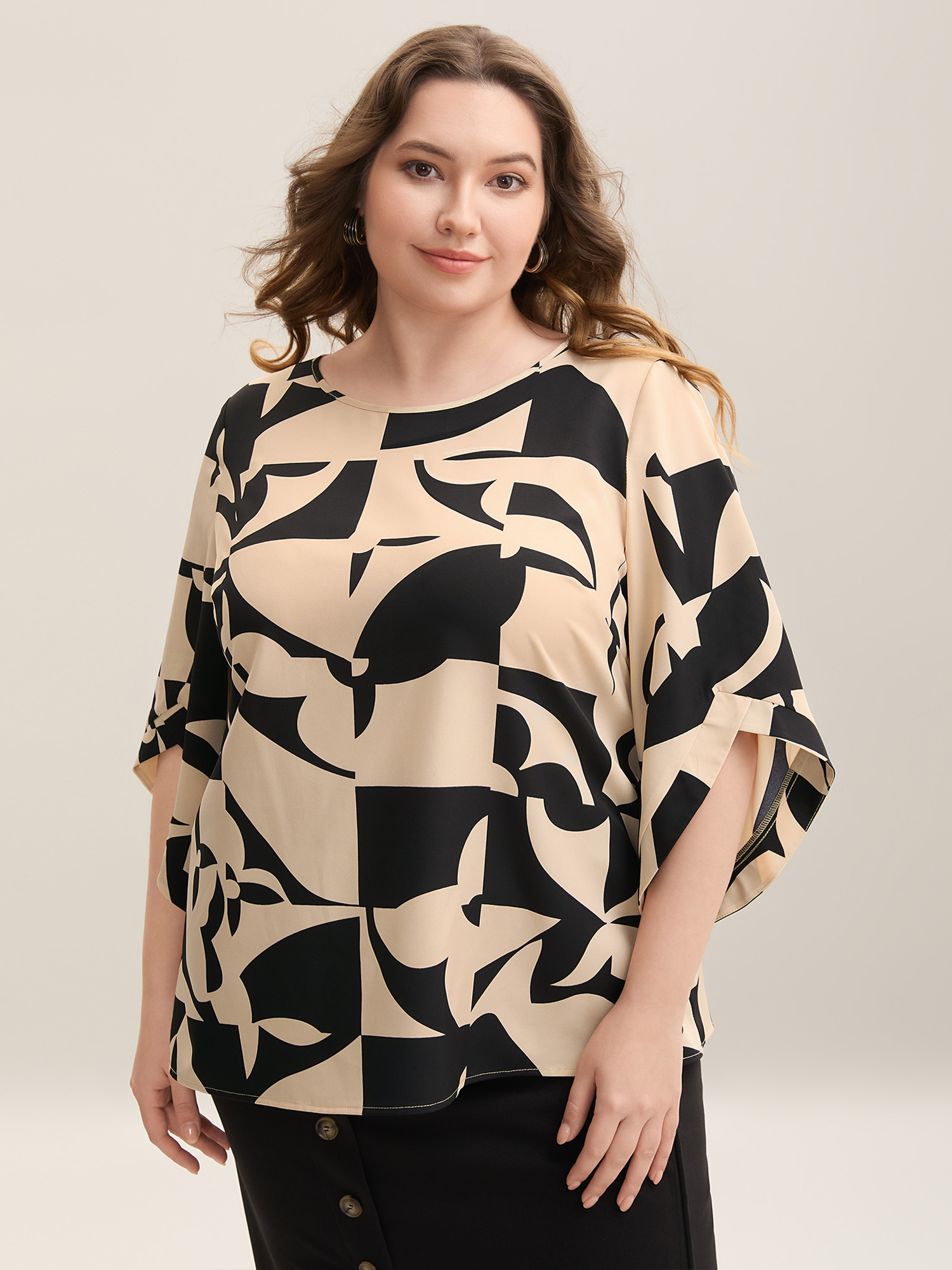 

Plus Size Multicolor Geometric Pattern Tab Sleeve Flowy Blouse Women At the Office Elbow-length sleeve Round Neck Work Blouses BloomChic