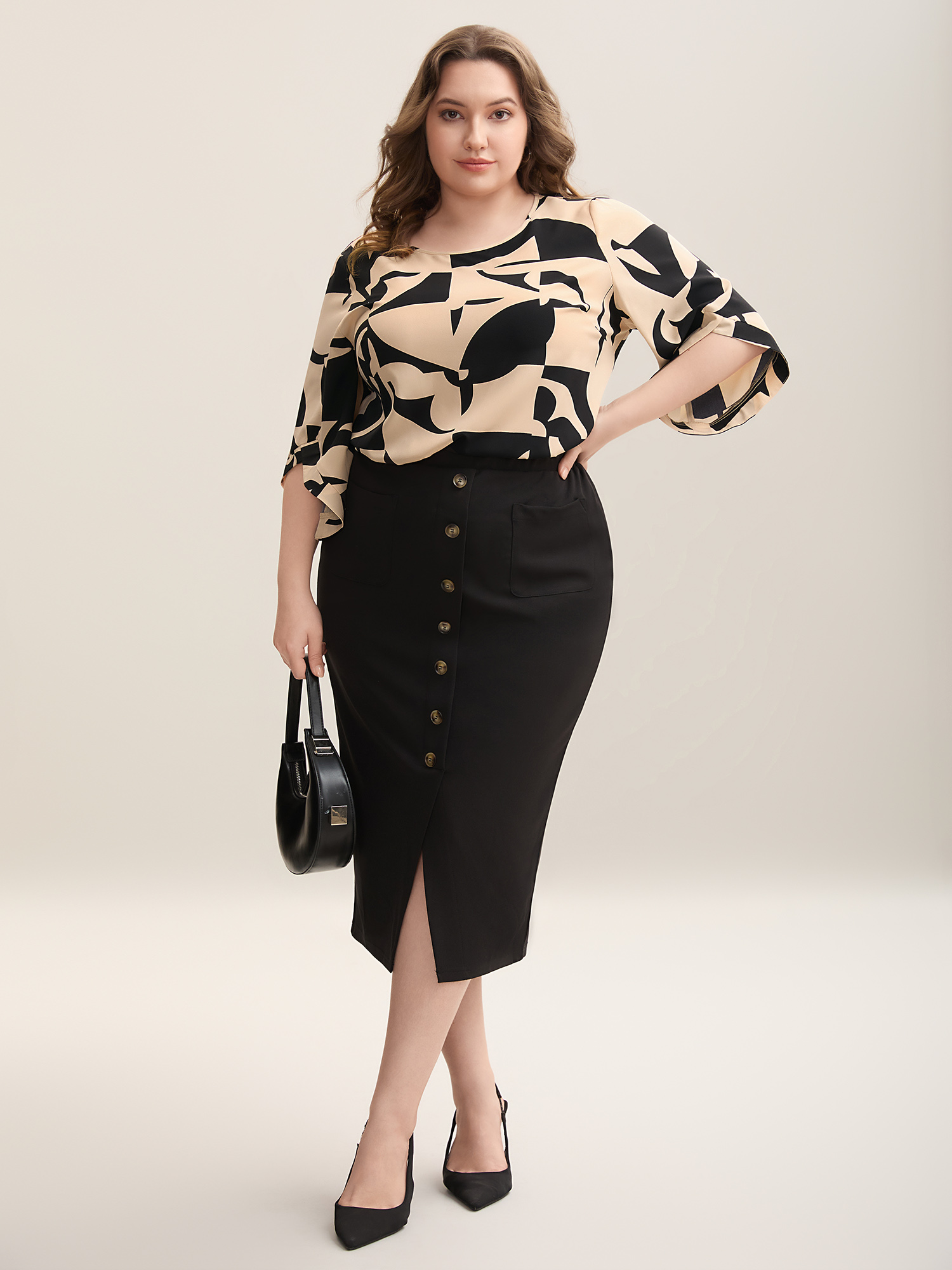 Plus Size Multicolor Geometric Pattern Tab Sleeve Flowy Blouse Women At the Office Elbow-length sleeve Round Neck Work Blouses BloomChic 28/5X 