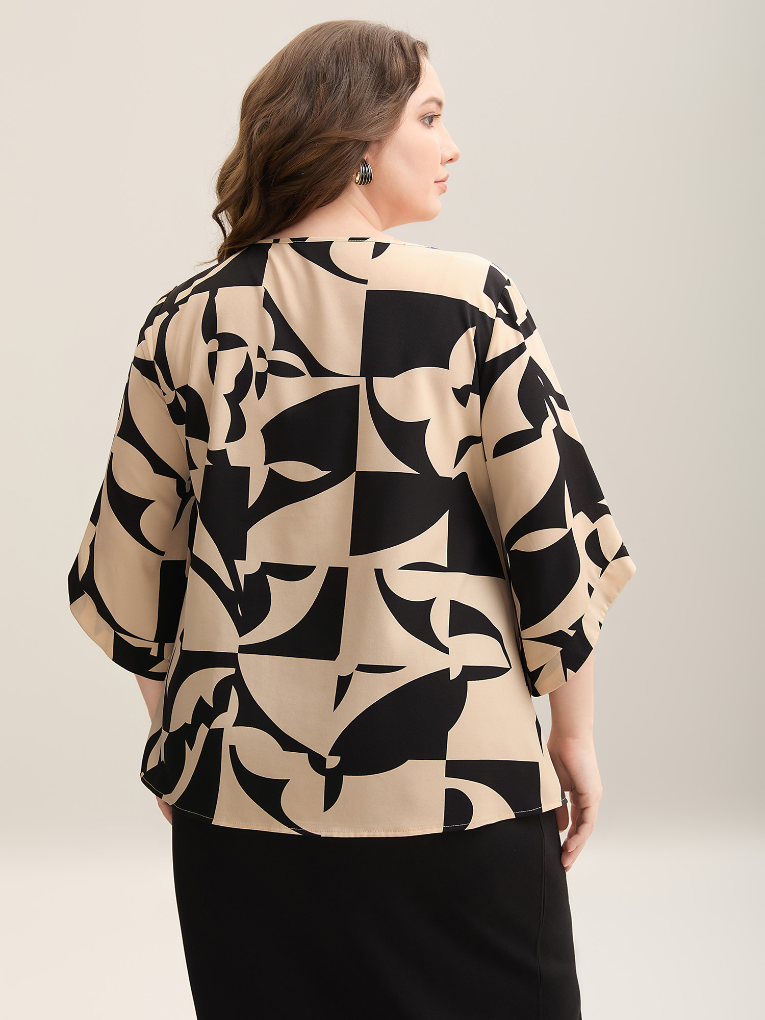 

Plus Size Multicolor Geometric Pattern Tab Sleeve Flowy Blouse Women At the Office Elbow-length sleeve Round Neck Work Blouses BloomChic