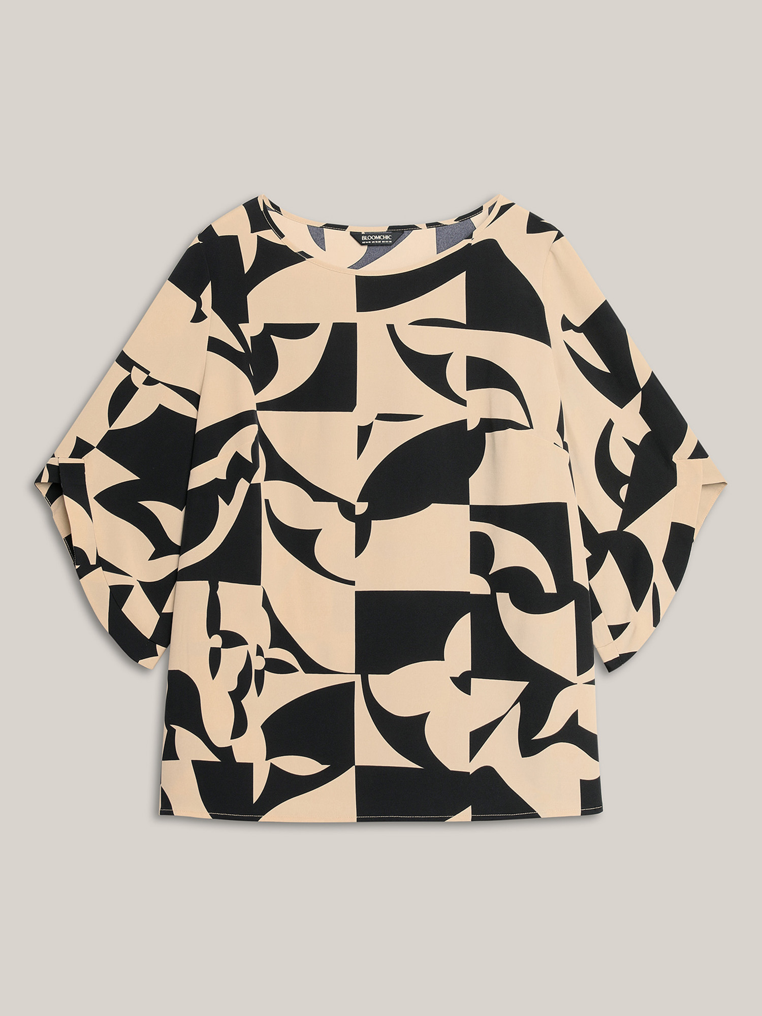 Plus Size Multicolor Geometric Pattern Tab Sleeve Flowy Blouse Women At the Office Elbow-length sleeve Round Neck Work Blouses BloomChic 28/5X 