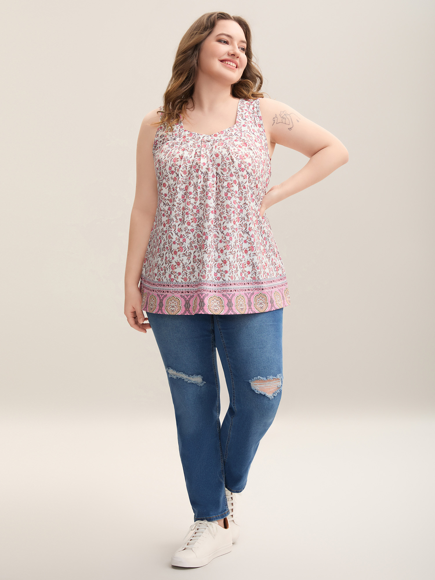 Plus Size Floral Print Pleated Front Sleeveless Tank Women Multicolor Casual Pleated Square Neck Everyday Tank Tops Camis BloomChic 26/4X 