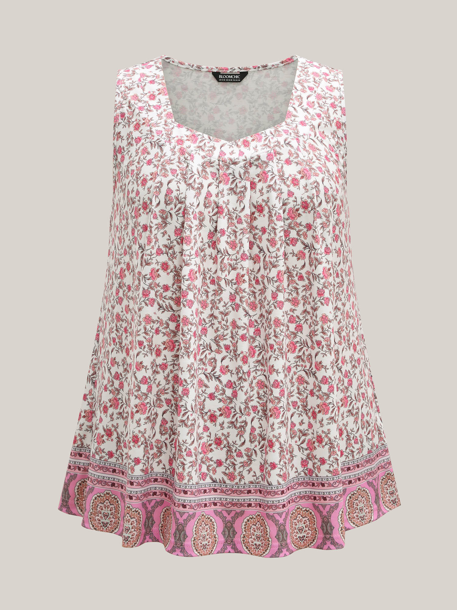 Plus Size Floral Print Pleated Front Sleeveless Tank Women Multicolor Casual Pleated Square Neck Everyday Tank Tops Camis BloomChic 26/4X 