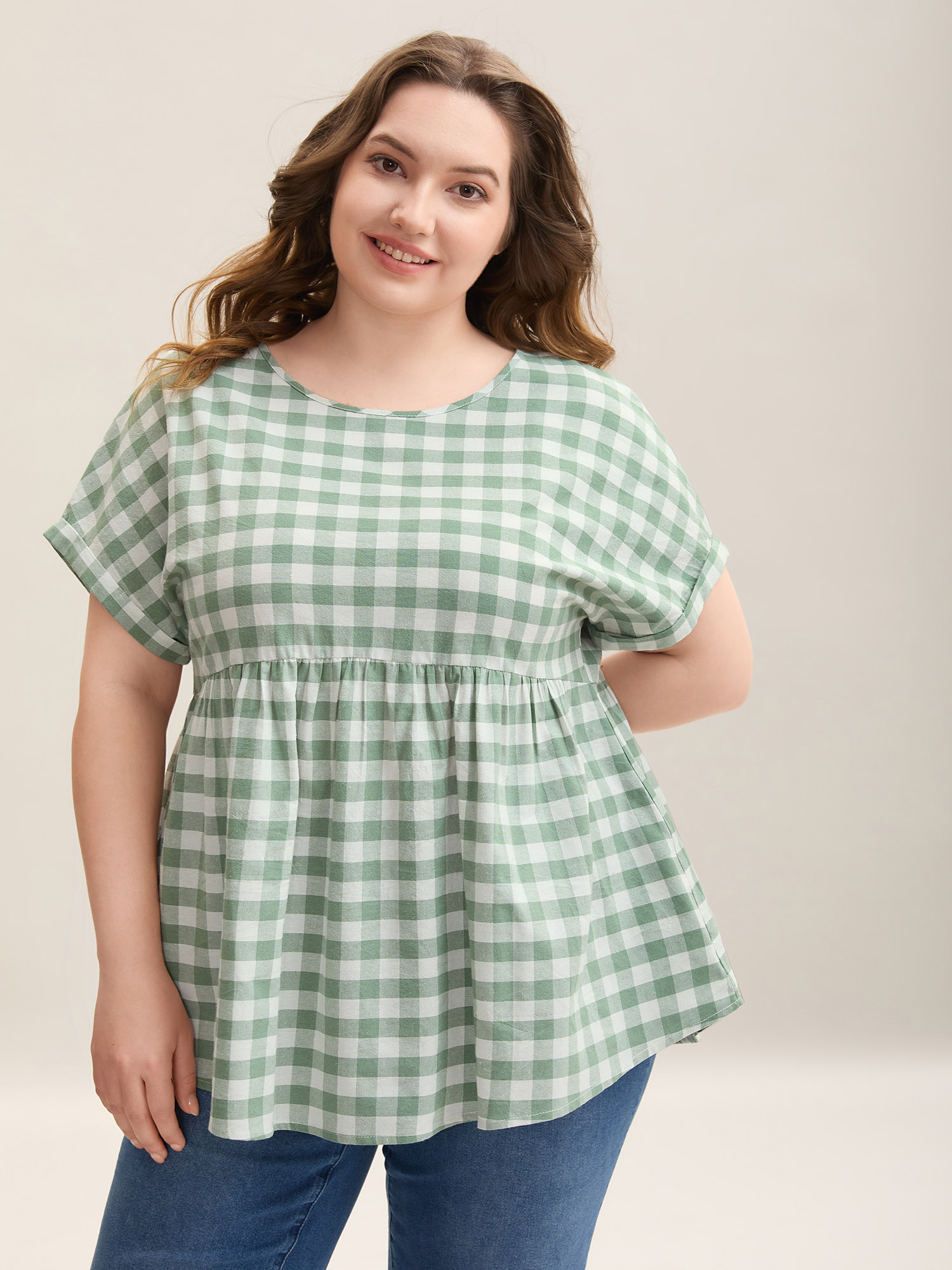 

Plus Size Sage Plaid Pattern Waist-Cinched Blouse Women Casual Short sleeve Round Neck Everyday Blouses BloomChic