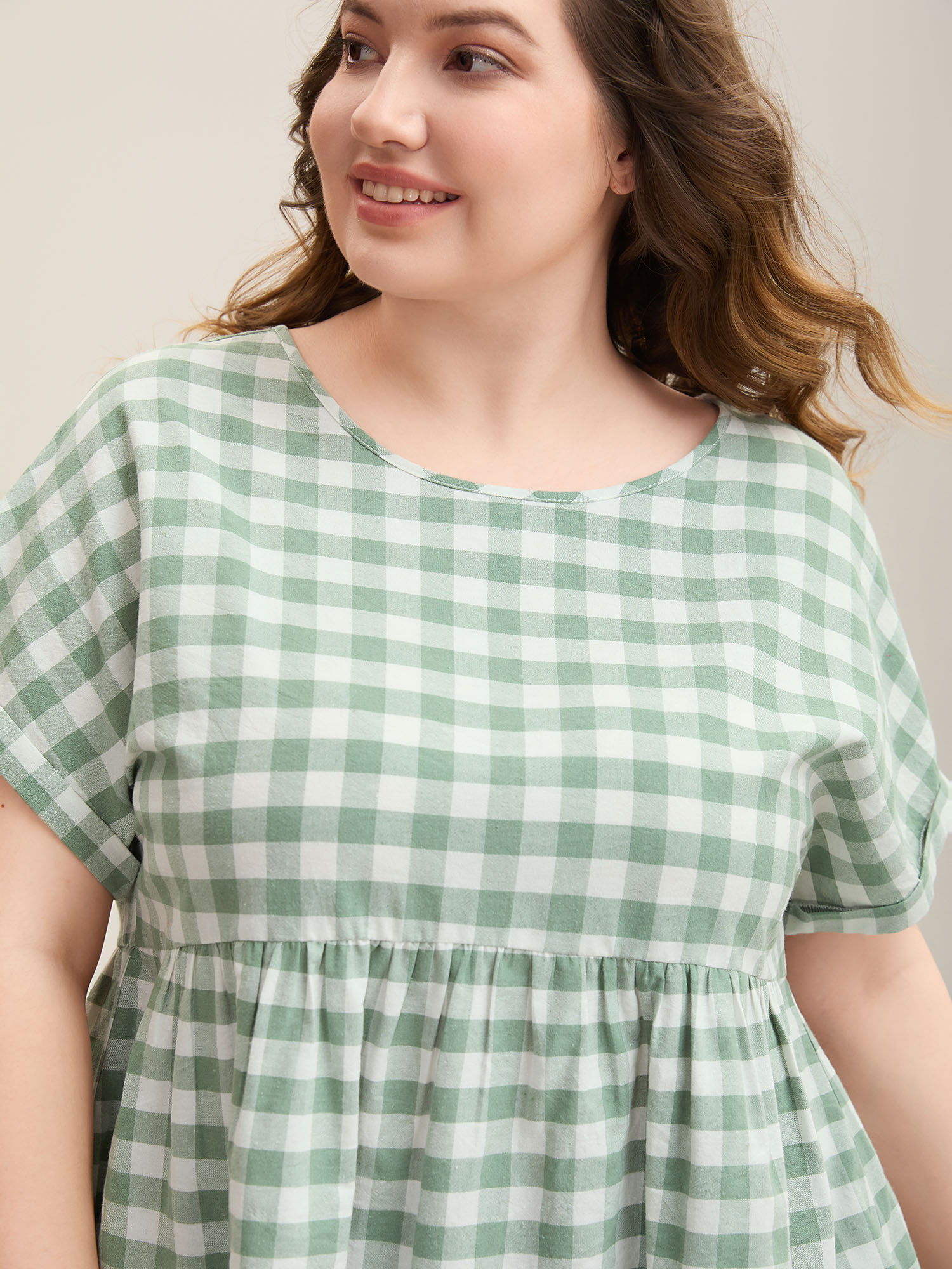 

Plus Size Sage Plaid Pattern Waist-Cinched Blouse Women Casual Short sleeve Round Neck Everyday-Casual Blouses BloomChic