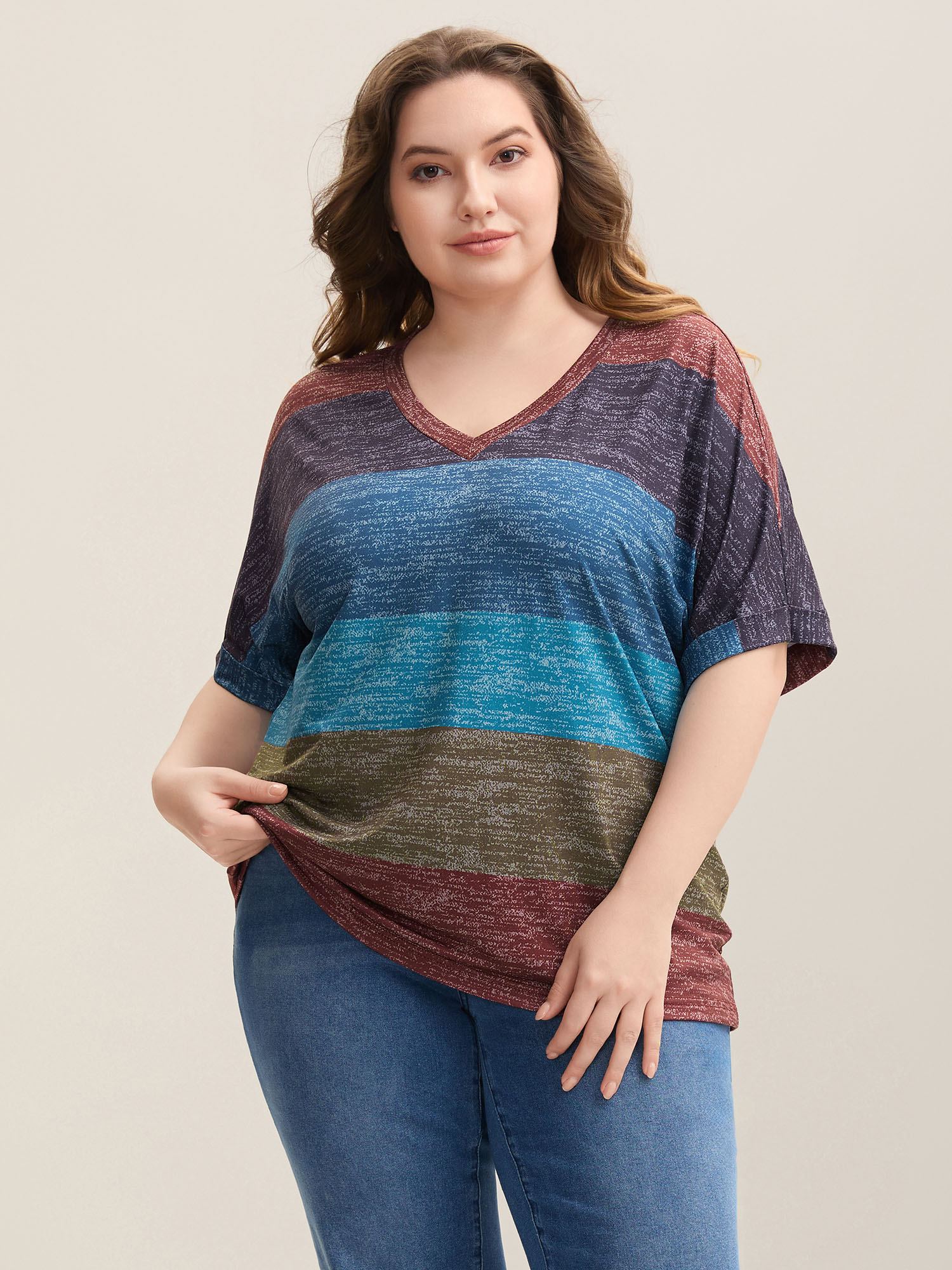 

Plus Size Multi-Color Summer Stripes T-Shirt Multicolor Women Casual Contrast V-neck Everyday T-shirts BloomChic