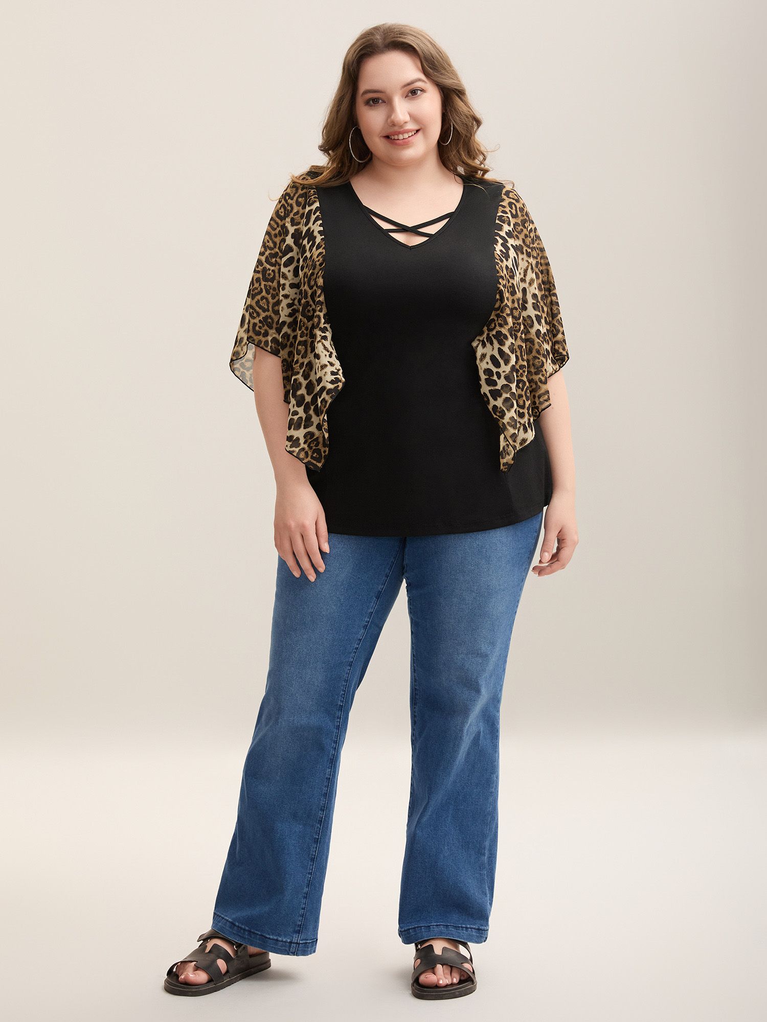 

Plus Size Leopard Spliced Tied Flared Sleeve T-Shirt Black Women Casual Contrast V-neck Everyday T-shirts BloomChic