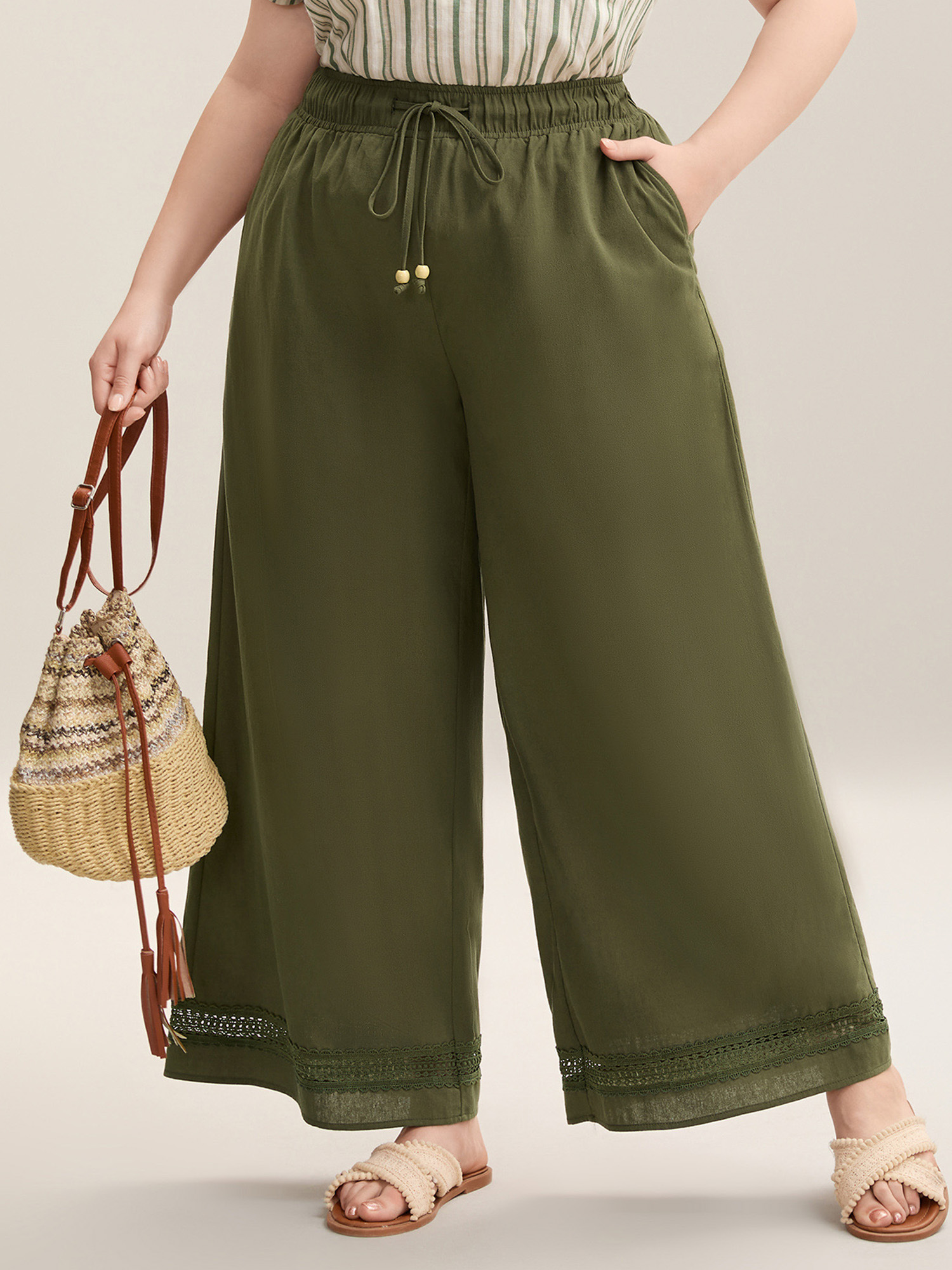 

Plus Size Drawstring Lace Detail Wide-Leg Pants Women ArmyGreen Resort Wide Leg Mid Rise Vacation Pants BloomChic