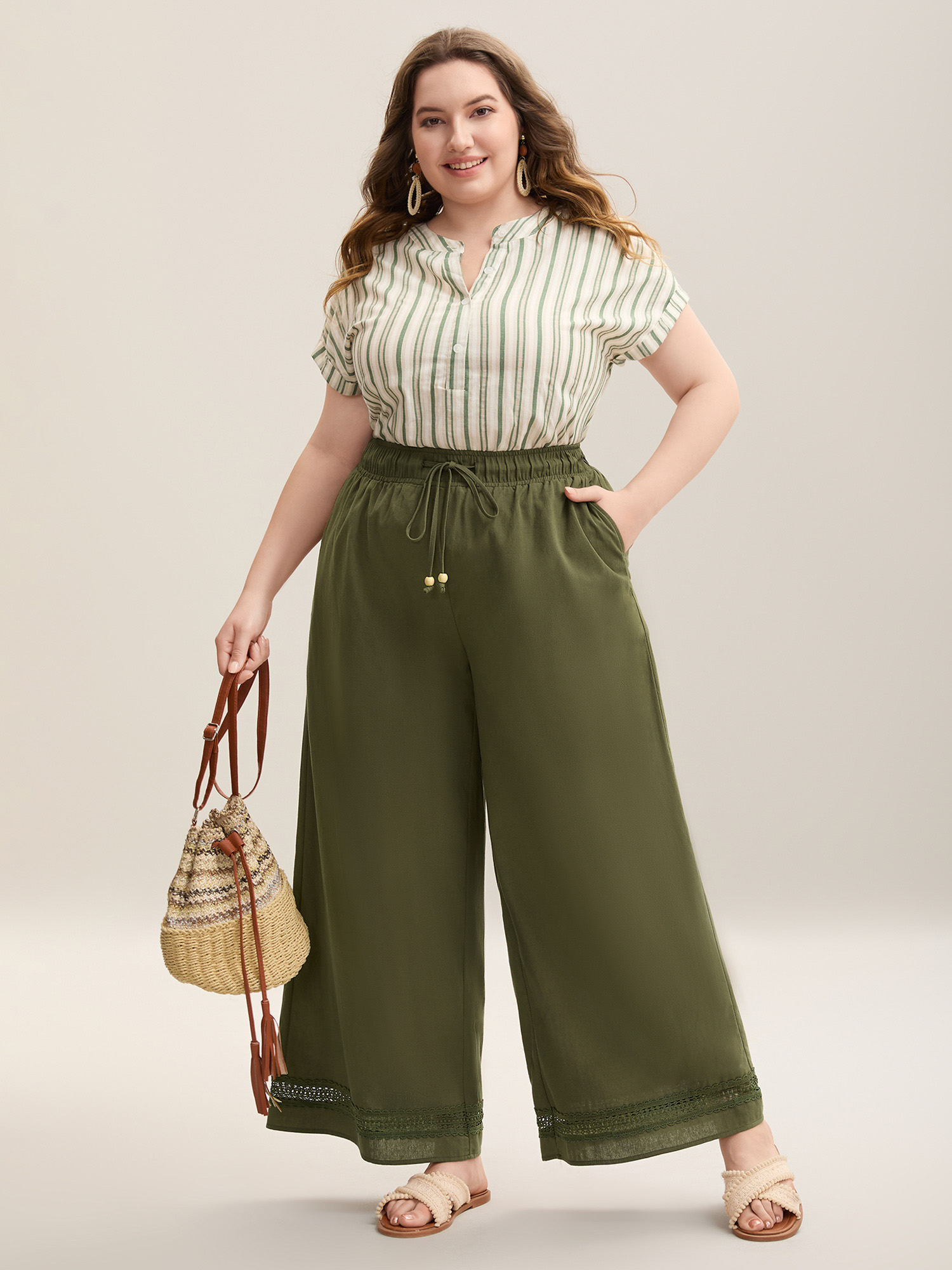 Plus Size Drawstring Lace Detail Wide-Leg Pants Women ArmyGreen Resort Wide Leg Mid Rise Vacation Pants BloomChic 14-16/1X 