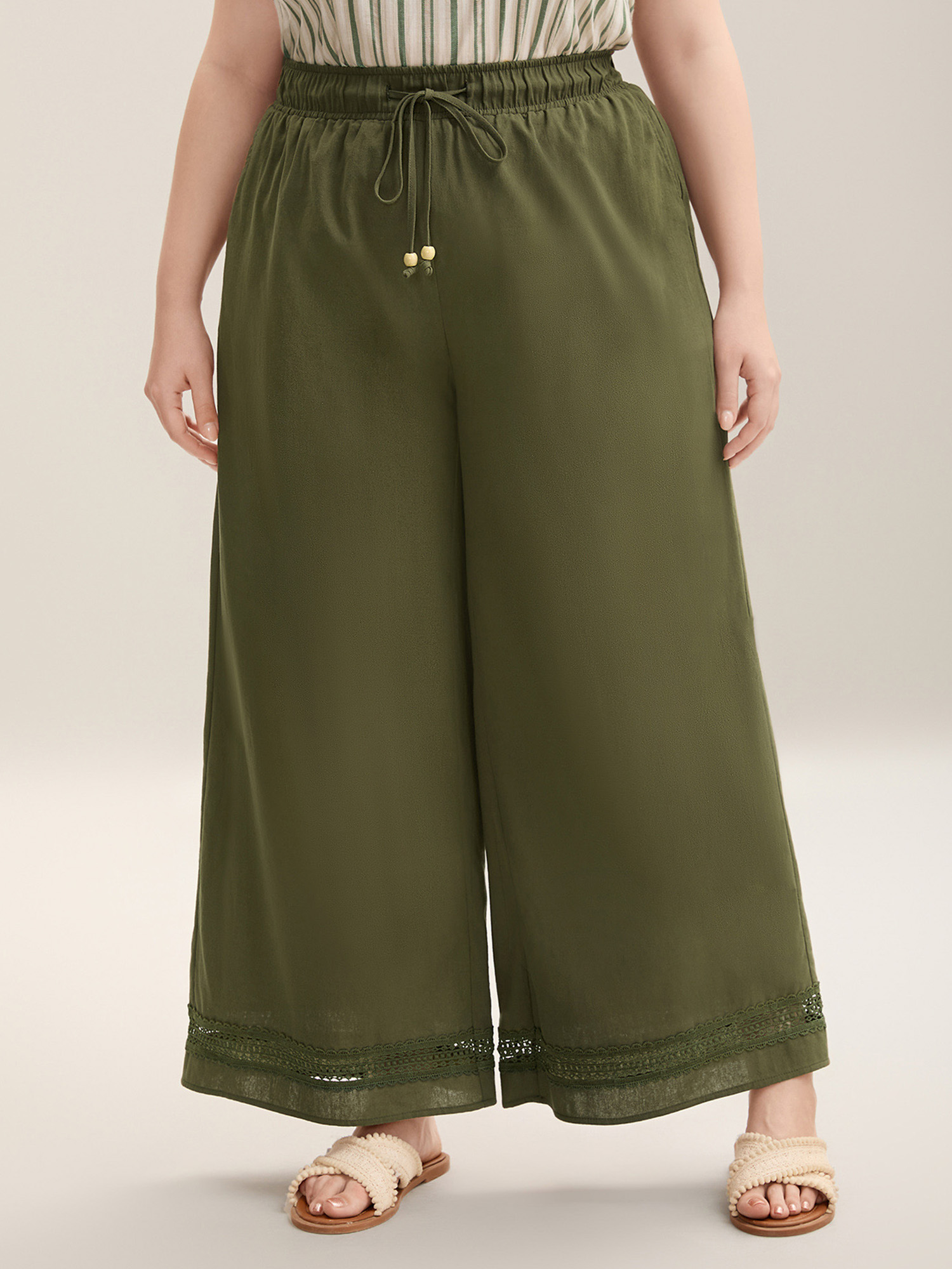 Plus Size Drawstring Lace Detail Wide-Leg Pants Women ArmyGreen Resort Wide Leg Mid Rise Vacation Pants BloomChic 14-16/1X 