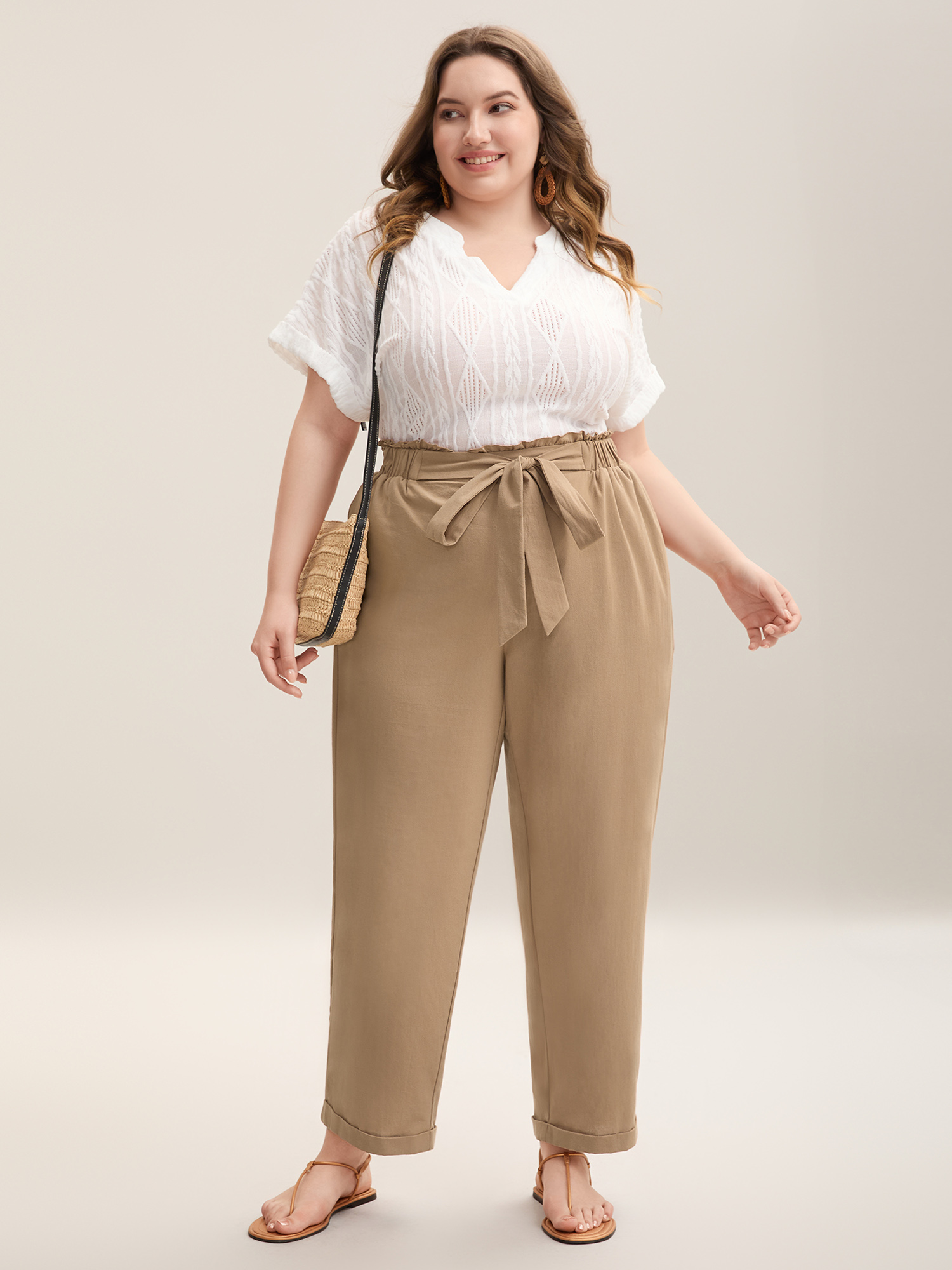 

Plus Size Belted Smocked Straight-Leg Pants Women LightBrown Resort Straight Leg Mid Rise Vacation Pants BloomChic