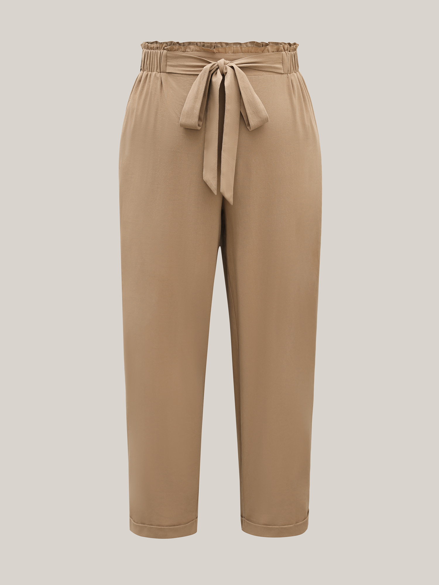 Plus Size Belted Smocked Straight-Leg Pants Women LightBrown Resort Straight Leg Mid Rise Vacation Pants BloomChic 14-16/1X 
