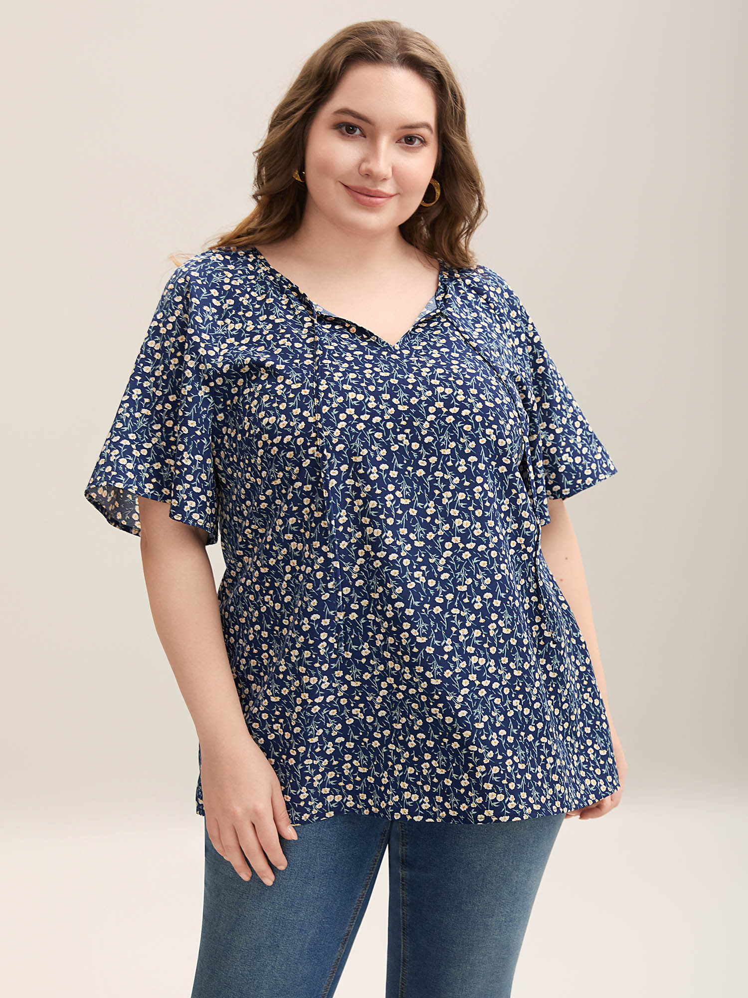 

Plus Size Indigo Floral Printed Lotus Sleeve Tied Blouse Women Elegant Short sleeve V-neck Everyday Blouses BloomChic