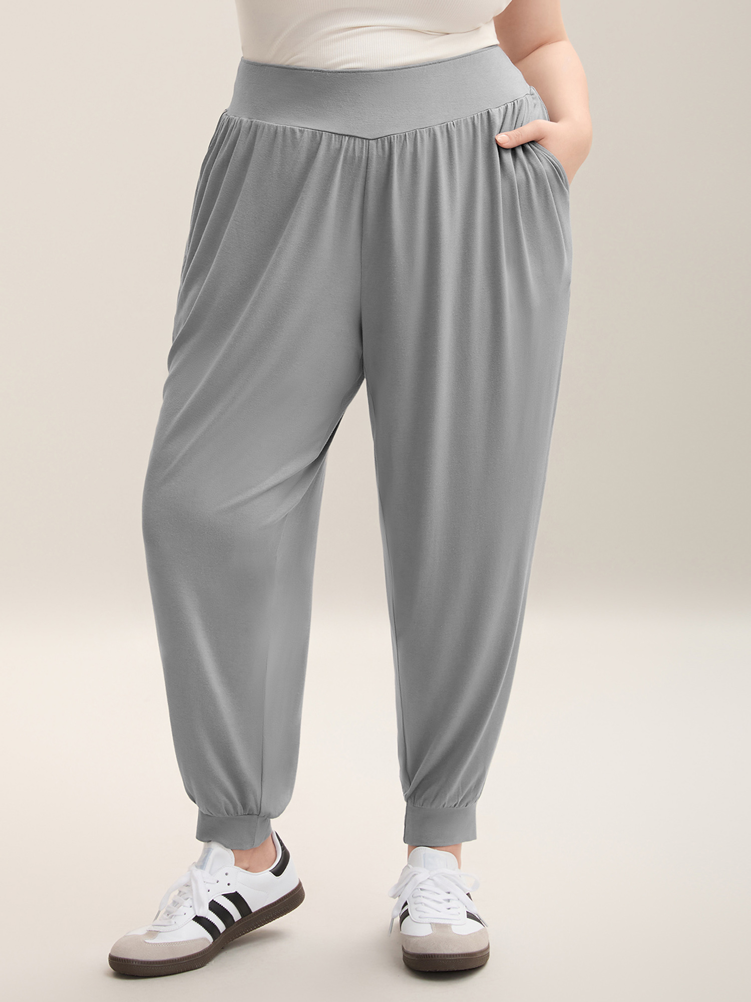 

Plus Size Stretchy Waist Comfortable Fit Jogger Pants Women Silver Casual Loose Mid Rise Everyday Pants BloomChic