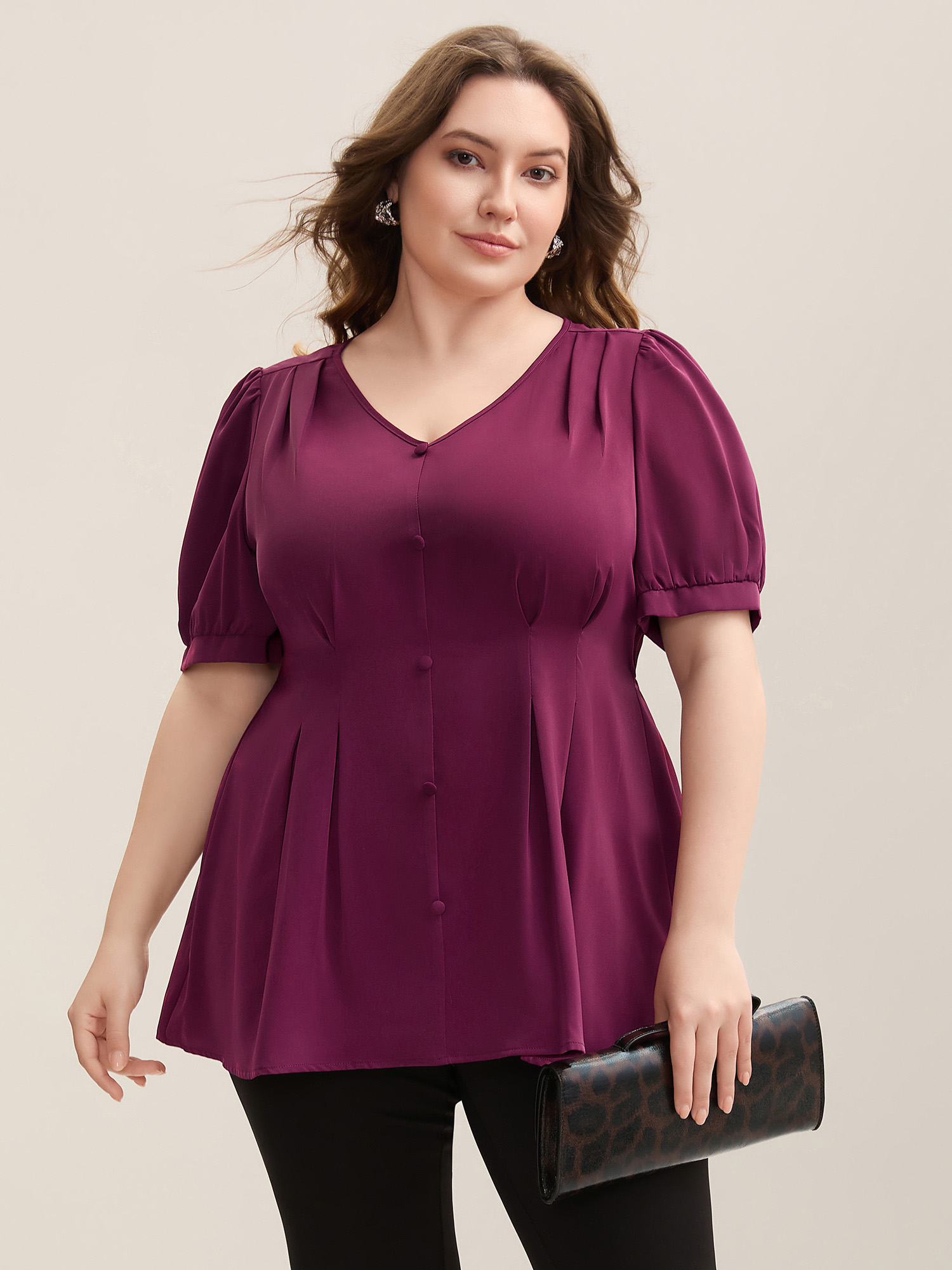 

Plus Size Plum Button Detail Waist-Cinched A Line Blouse Women At the Office Short sleeve V-neck Work Blouses BloomChic