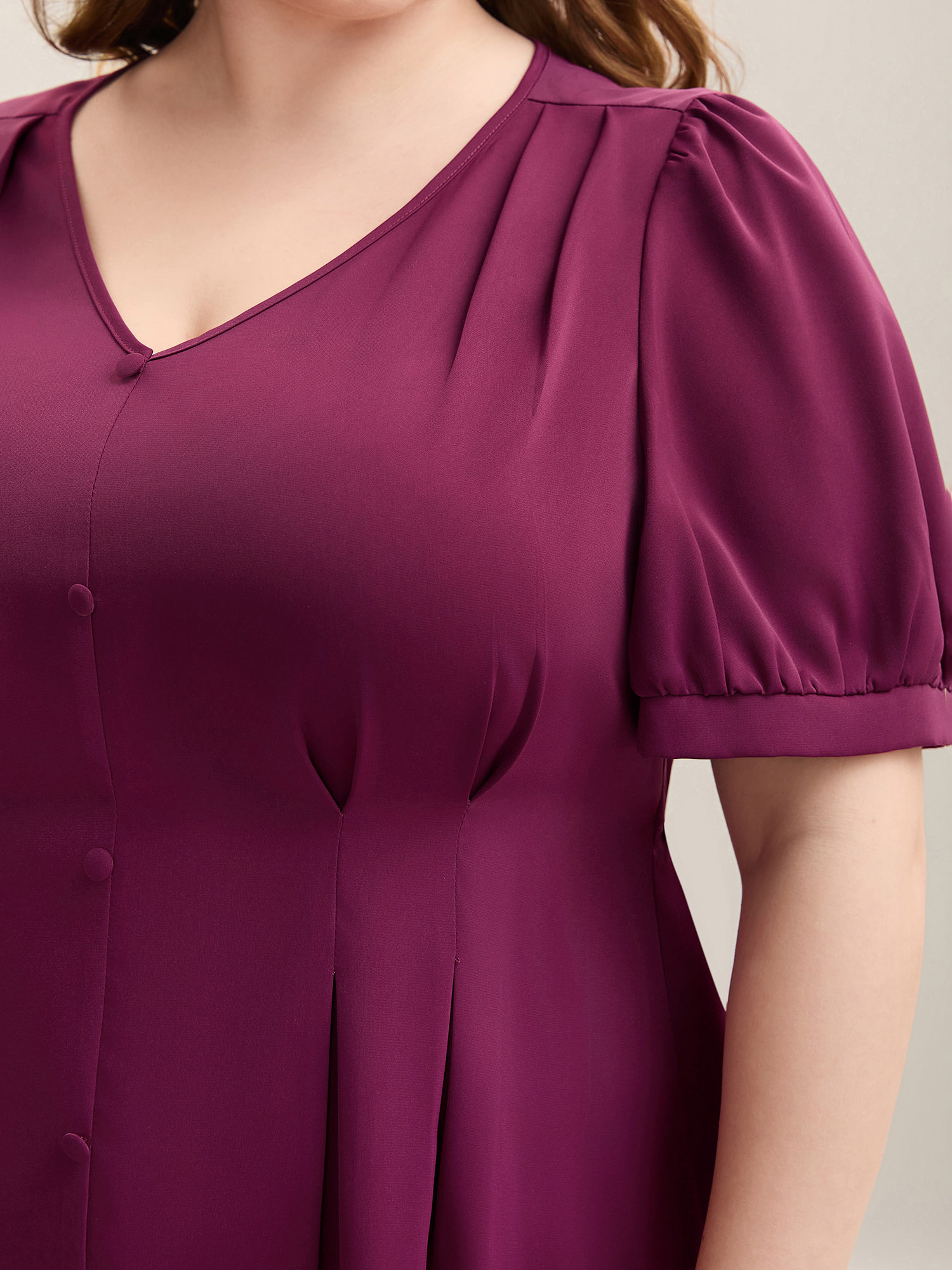 

Plus Size Plum Button Detail Waist-Cinched A Line Blouse Women At the Office Short sleeve V-neck Work Blouses BloomChic