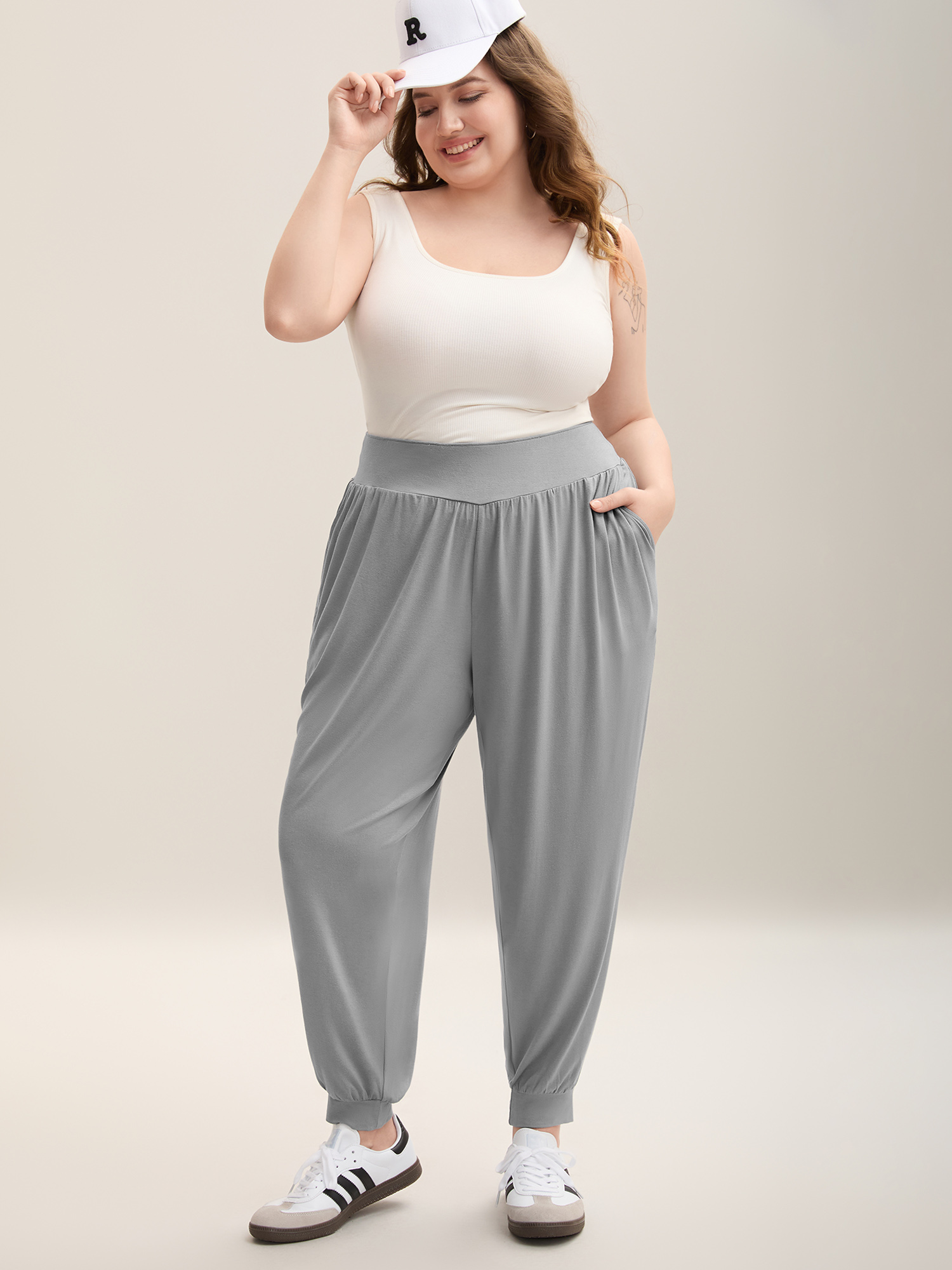 Plus Size Stretchy Waist Comfortable Fit Jogger Pants Women Silver Casual Loose Mid Rise Everyday Pants BloomChic 28/5X 