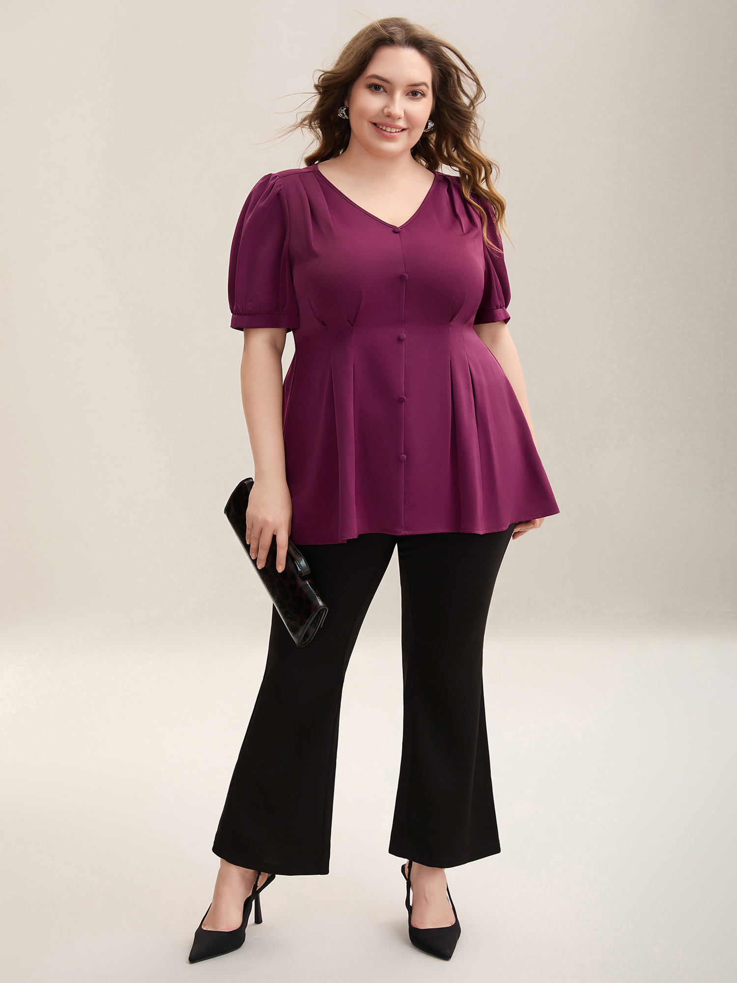 Plus Size Plum Button Detail Waist-Cinched A Line Blouse Women At the Office Short sleeve V-neck Work Blouses BloomChic 22-24/3X 