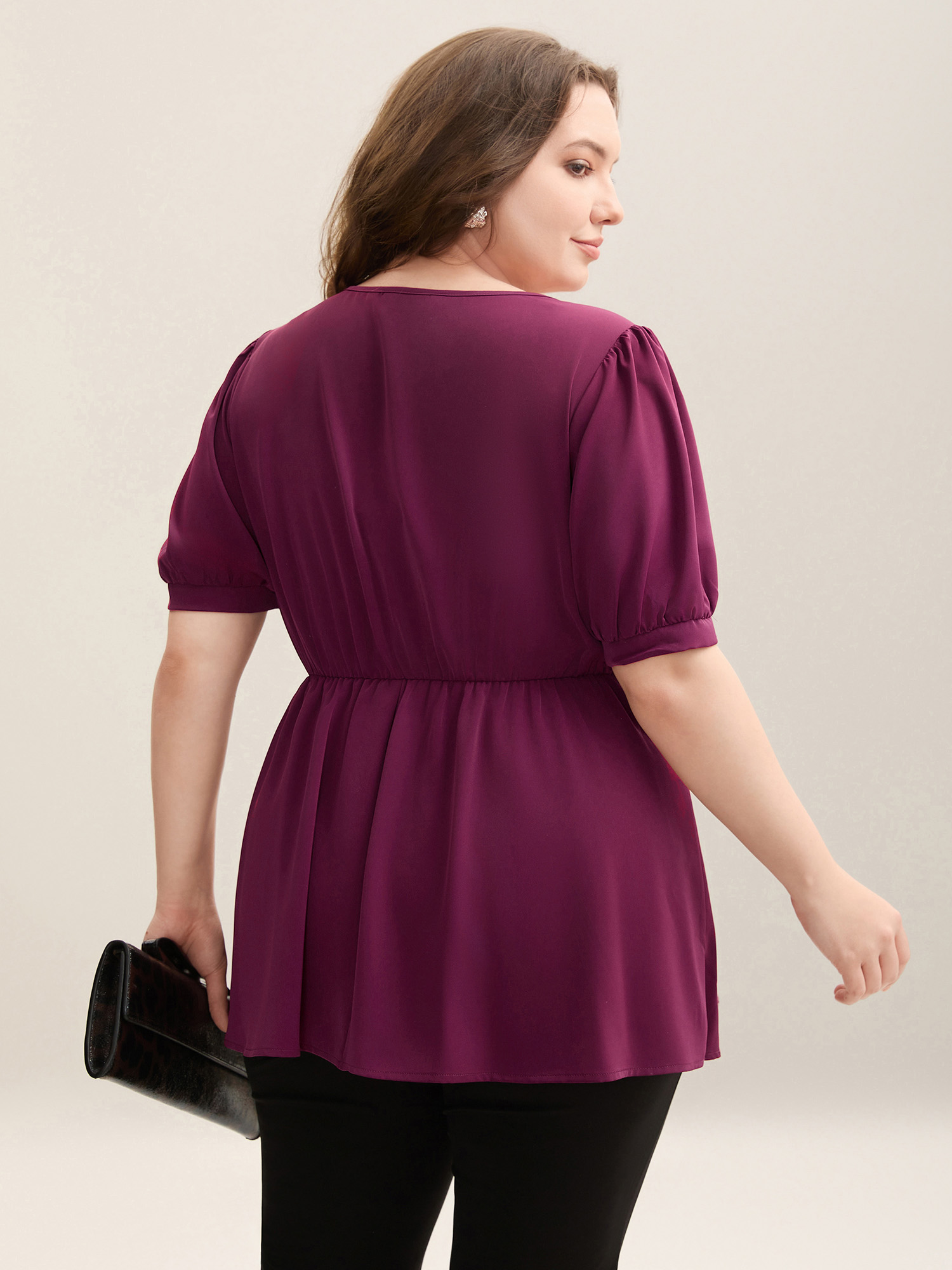 Plus Size Plum Button Detail Waist-Cinched A Line Blouse Women At the Office Short sleeve V-neck Work Blouses BloomChic 22-24/3X 