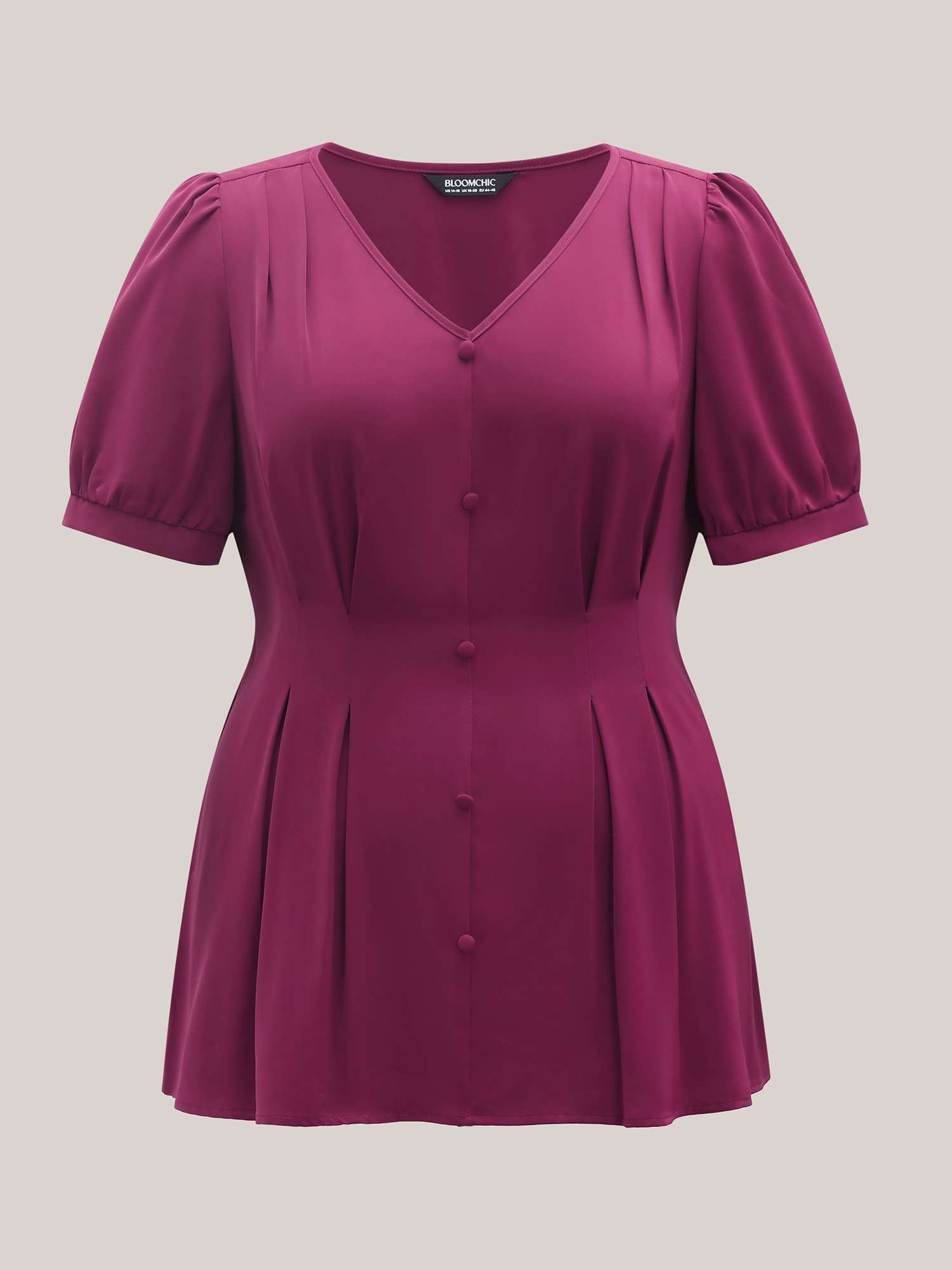 Plus Size Plum Button Detail Waist-Cinched A Line Blouse Women At the Office Short sleeve V-neck Work Blouses BloomChic 22-24/3X 