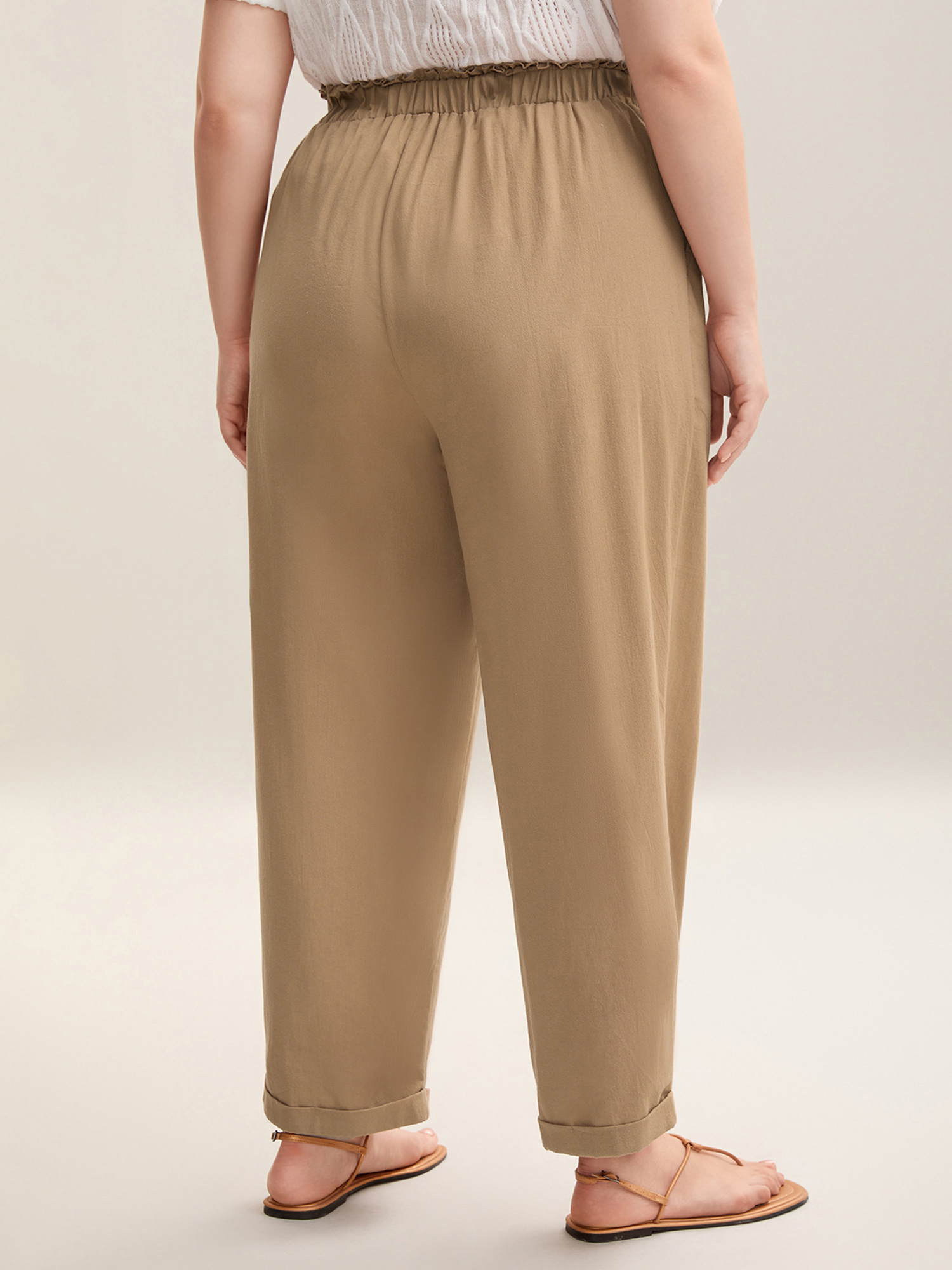Plus Size Belted Smocked Straight-Leg Pants Women LightBrown Resort Straight Leg Mid Rise Vacation Pants BloomChic 14-16/1X 