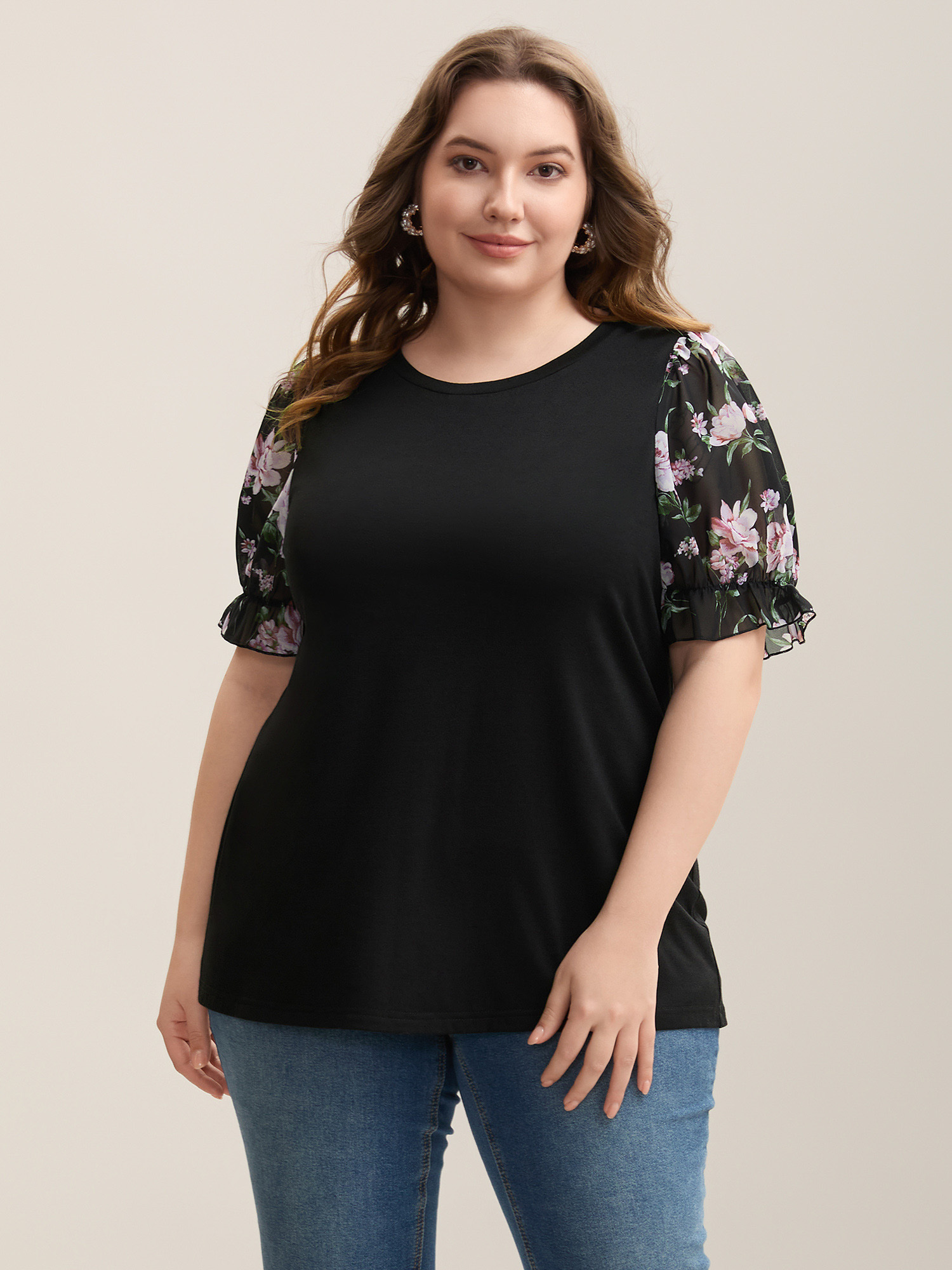 

Plus Size Printed Puff Sleeve Crew Neck T-Shirt Black Women Elegant Gathered Natural Flowers Round Neck Everyday T-shirts BloomChic