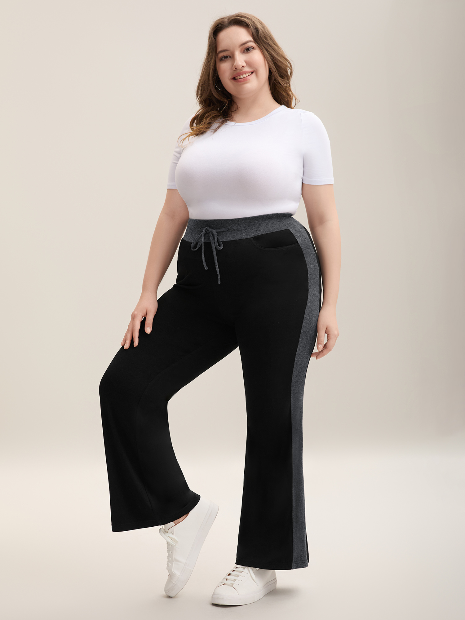 

Plus Size Heathered Color Block Drawstring Bootcut Pants Women DimGray Casual Flare Leg Mid Rise Everyday Pants BloomChic