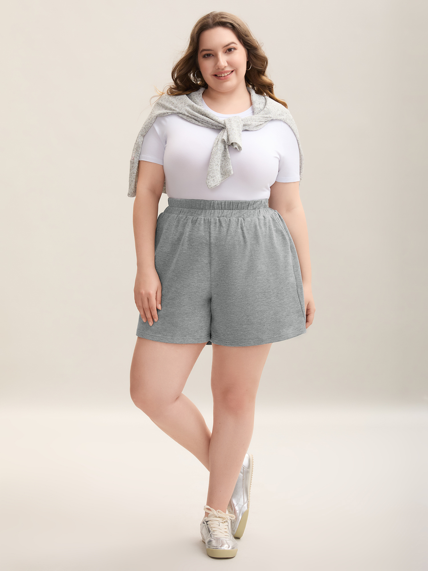 Plus Size Textured Stretchy Waist Solid Short Women LightGray Casual Loose Everyday Shorts BloomChic 10/M 