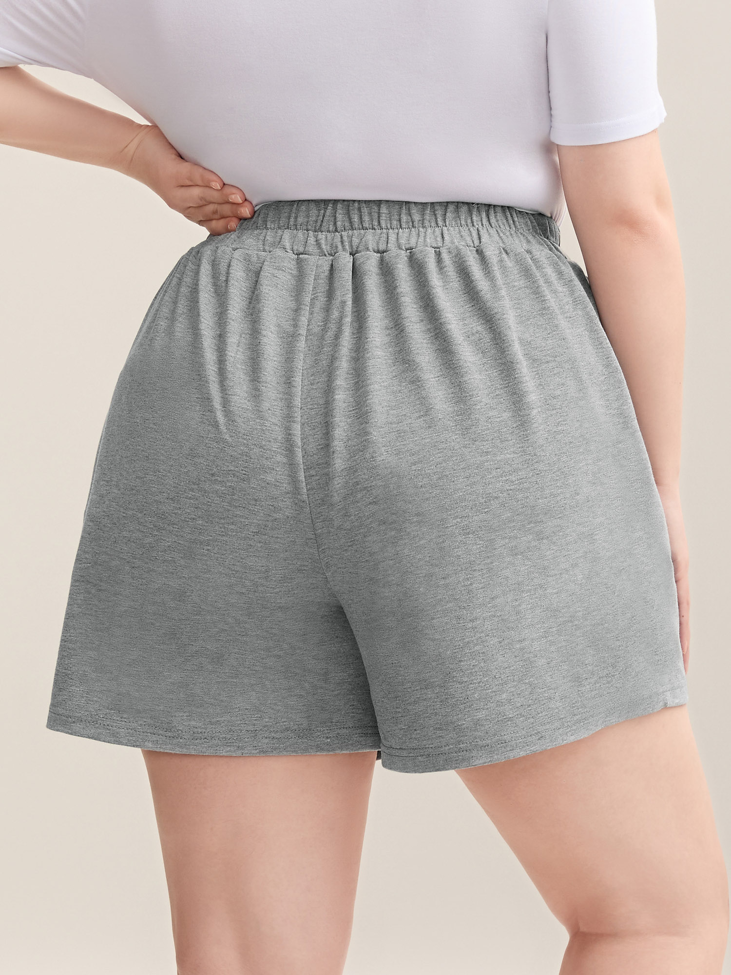 

Plus Size Textured Stretchy Waist Solid Short Women LightGray Casual Loose Everyday Shorts BloomChic