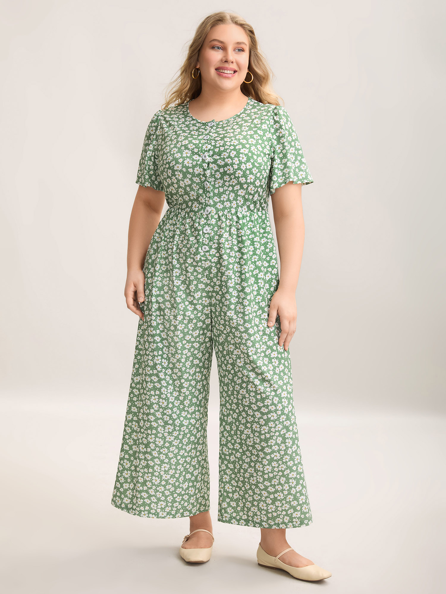 Plus Size Greenbean Floral Print Pockets Wide-Leg Jumpsuit Women Elegant Short sleeve Round Neck Everyday Loose Jumpsuits BloomChic 30/6X 