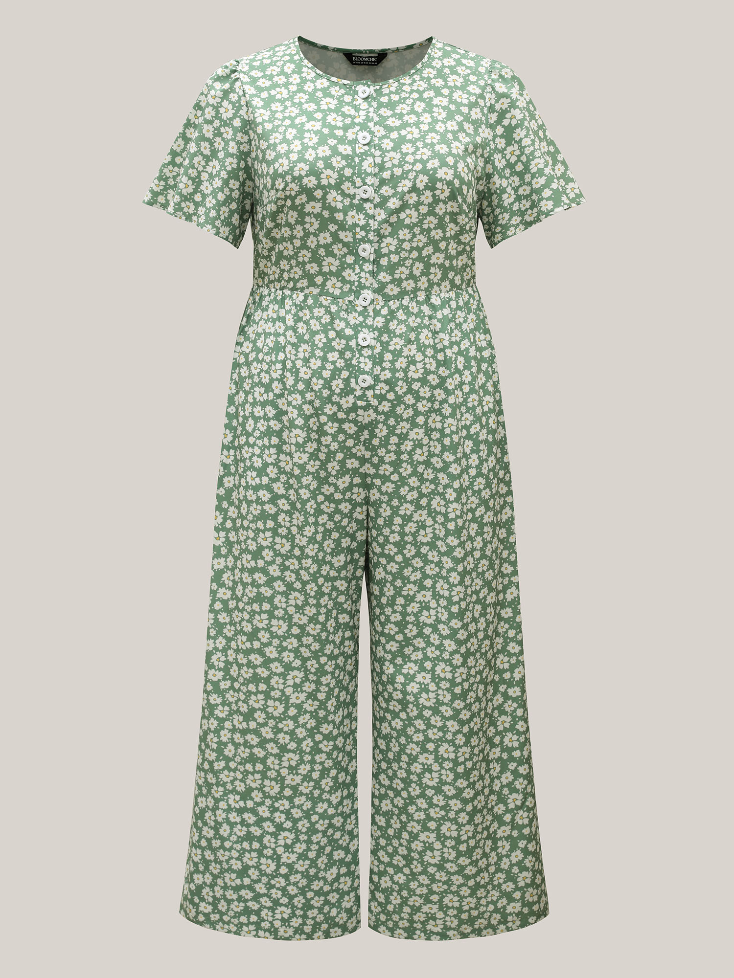Plus Size Greenbean Floral Print Pockets Wide-Leg Jumpsuit Women Elegant Short sleeve Round Neck Everyday Loose Jumpsuits BloomChic 30/6X 