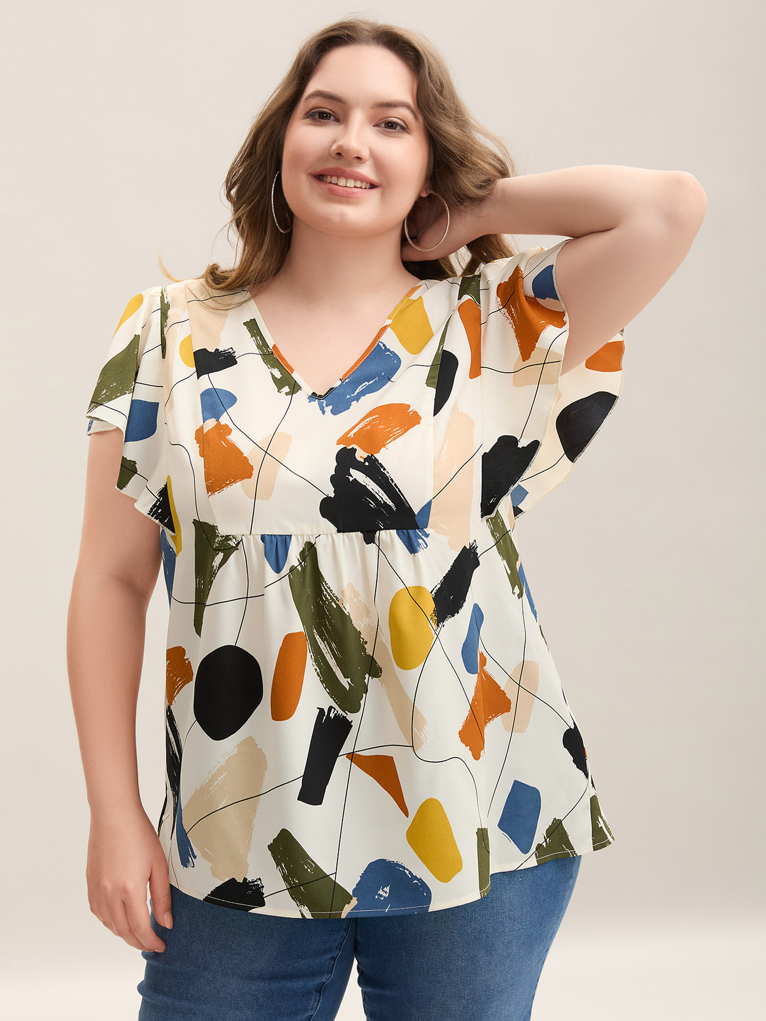 

Plus Size Multicolor Brush Abstract Print Flounce Sleeve Blouse Women Short sleeve Notched collar Blouses BloomChic