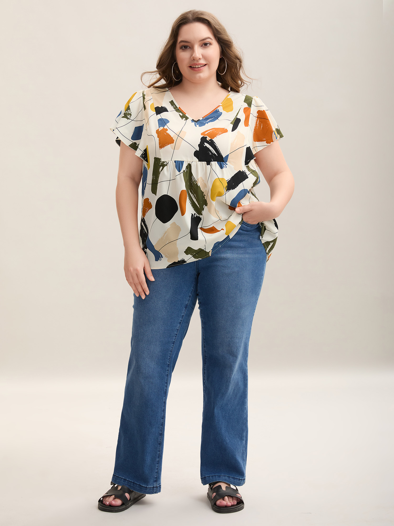 Plus Size Multicolor Brush Abstract Print Flounce Sleeve Blouse Women Short sleeve Notched collar Blouses BloomChic 28/5X 