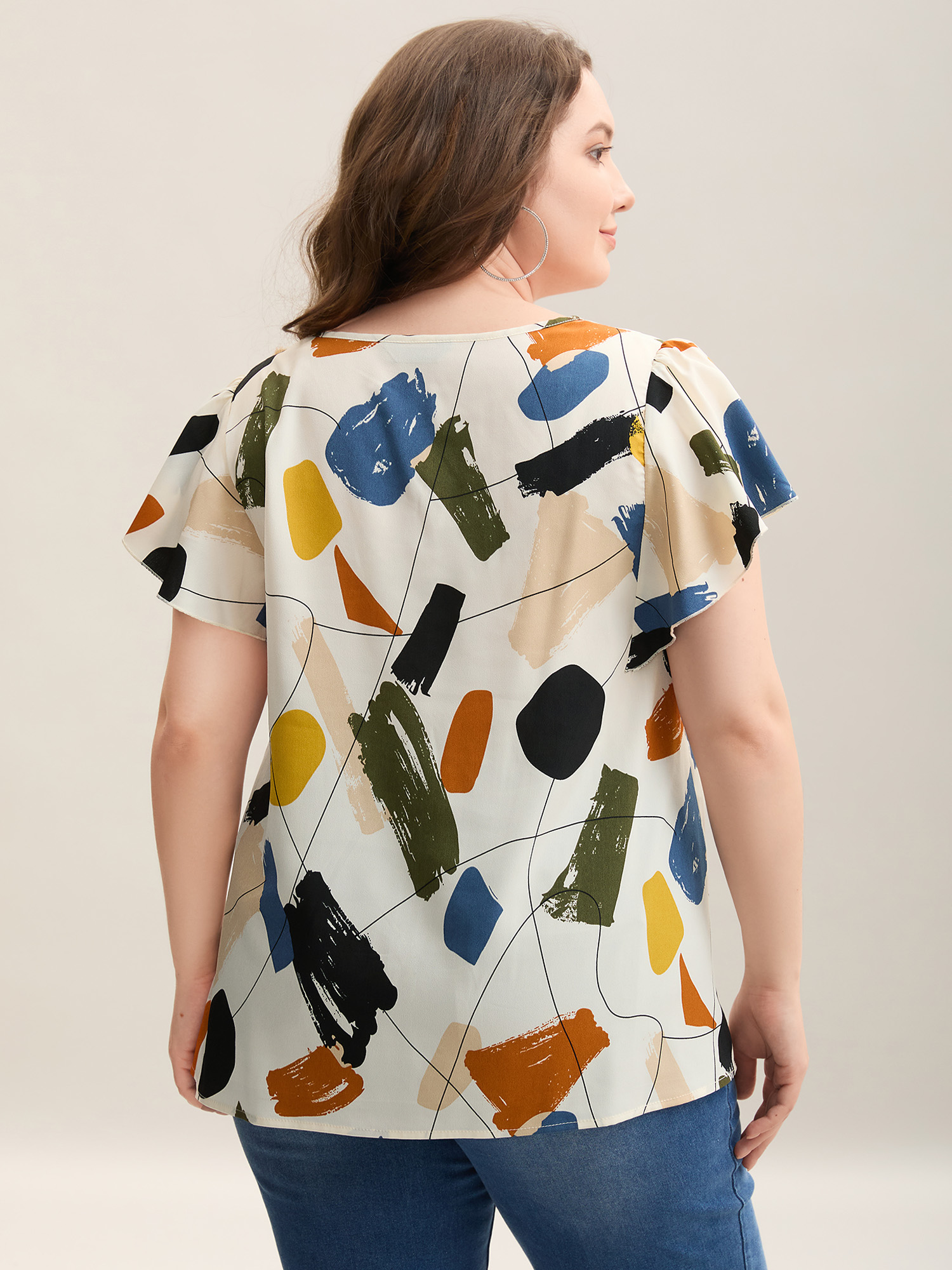 Plus Size Multicolor Brush Abstract Print Flounce Sleeve Blouse Women Short sleeve Notched collar Blouses BloomChic 28/5X 