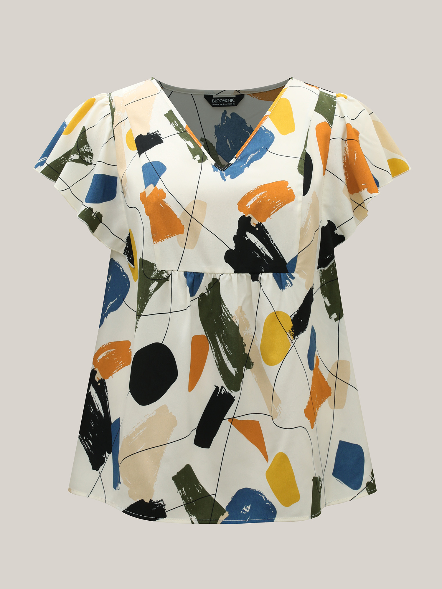 Plus Size Multicolor Brush Abstract Print Flounce Sleeve Blouse Women Short sleeve Notched collar Blouses BloomChic 28/5X 