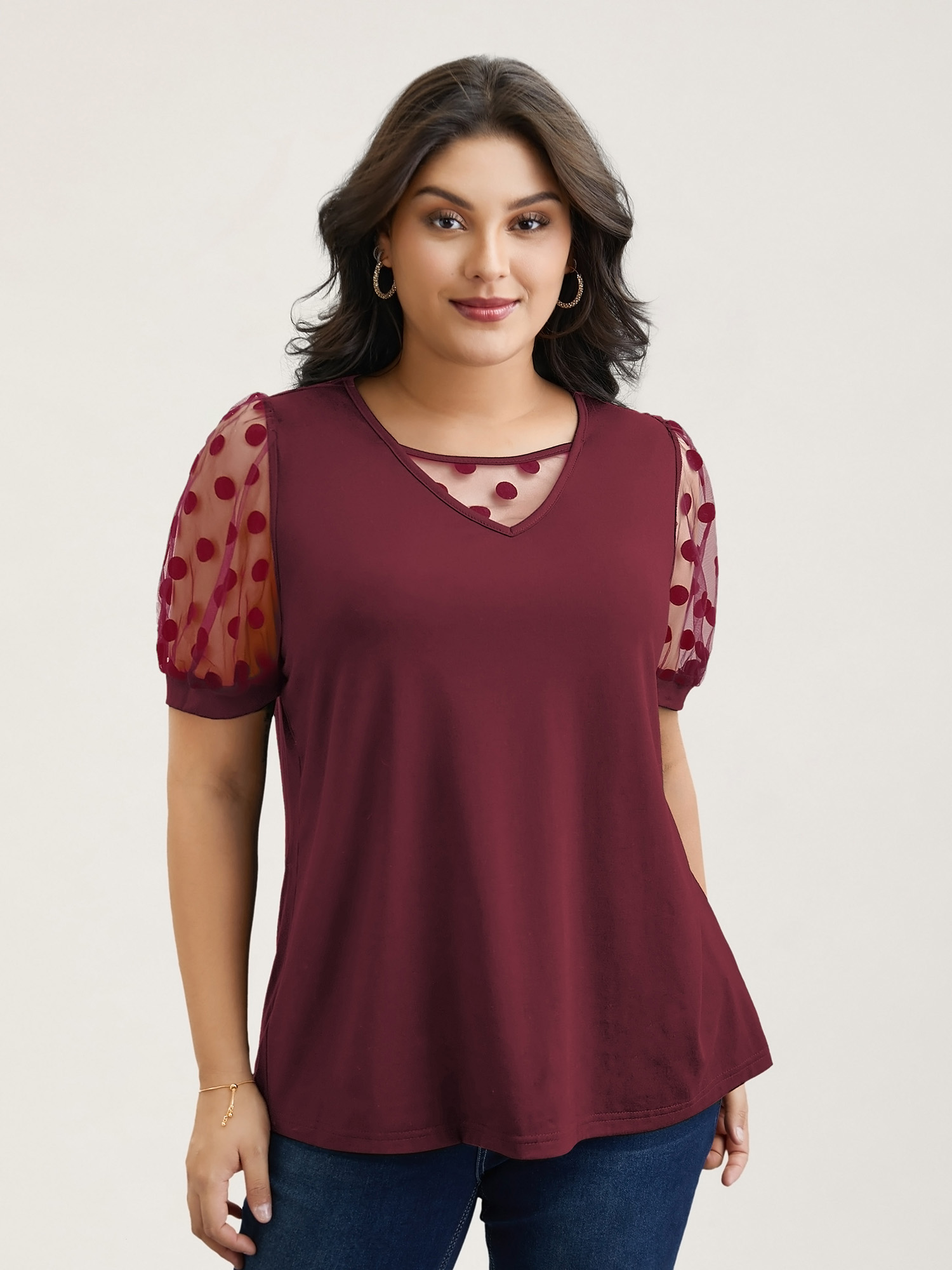 

Plus Size Sheer Sleeves Textured Polka Dots Stretchy Top Burgundy Round Neck Short sleeve Elegant Jersey Tops