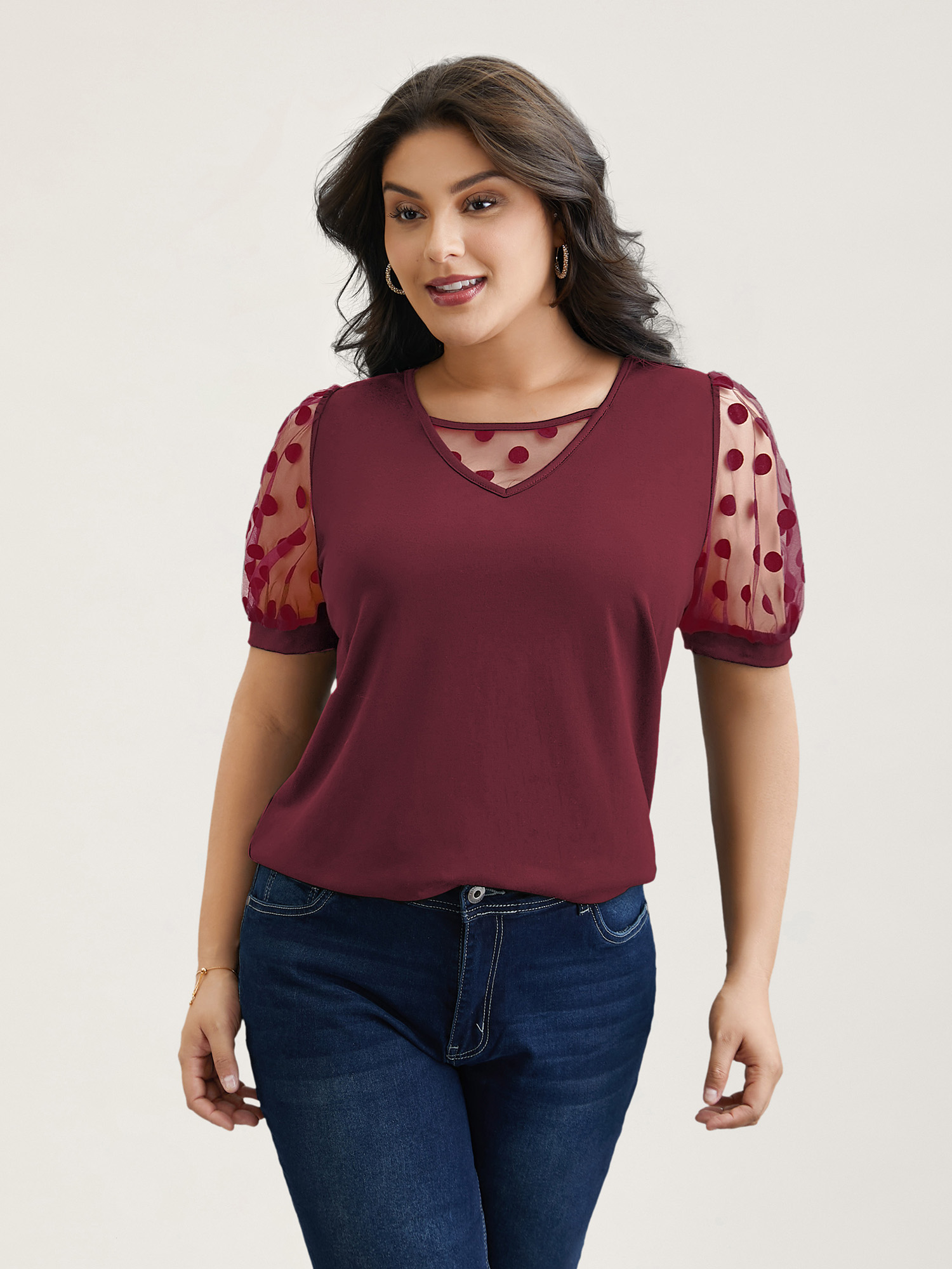 

Plus Size Sheer Sleeves Textured Polka Dots Stretchy Top Burgundy Round Neck Short sleeve Elegant Jersey Tops