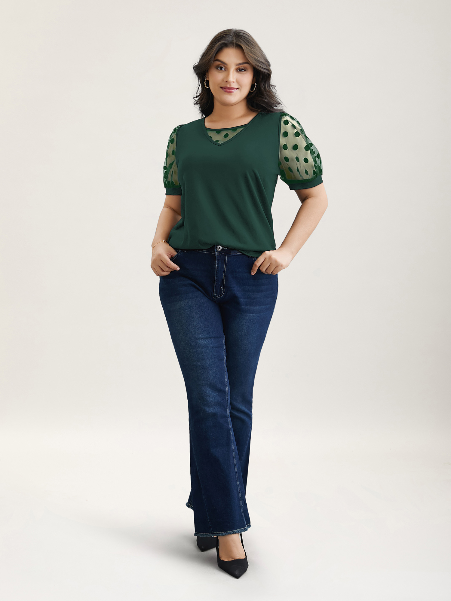 

Plus Size Sheer Sleeves Textured Polka Dots Stretchy Top DarkGreen Round Neck Short sleeve Elegant Jersey Tops