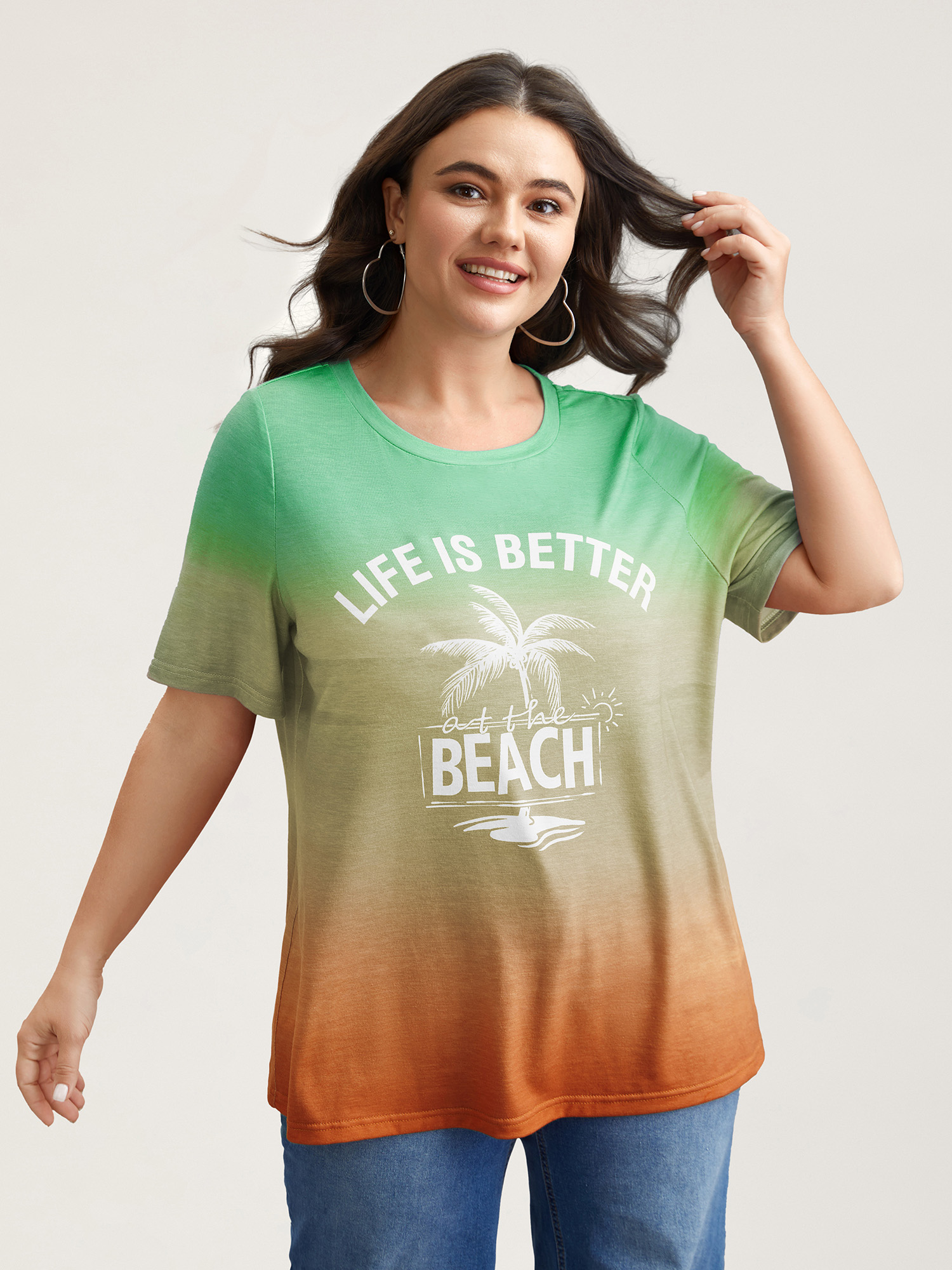 

Plus Size Gradient Beach Print Fitted T-Shirt Malachitegreen Women Casual Contrast Tropical Round Neck Everyday T-shirts BloomChic