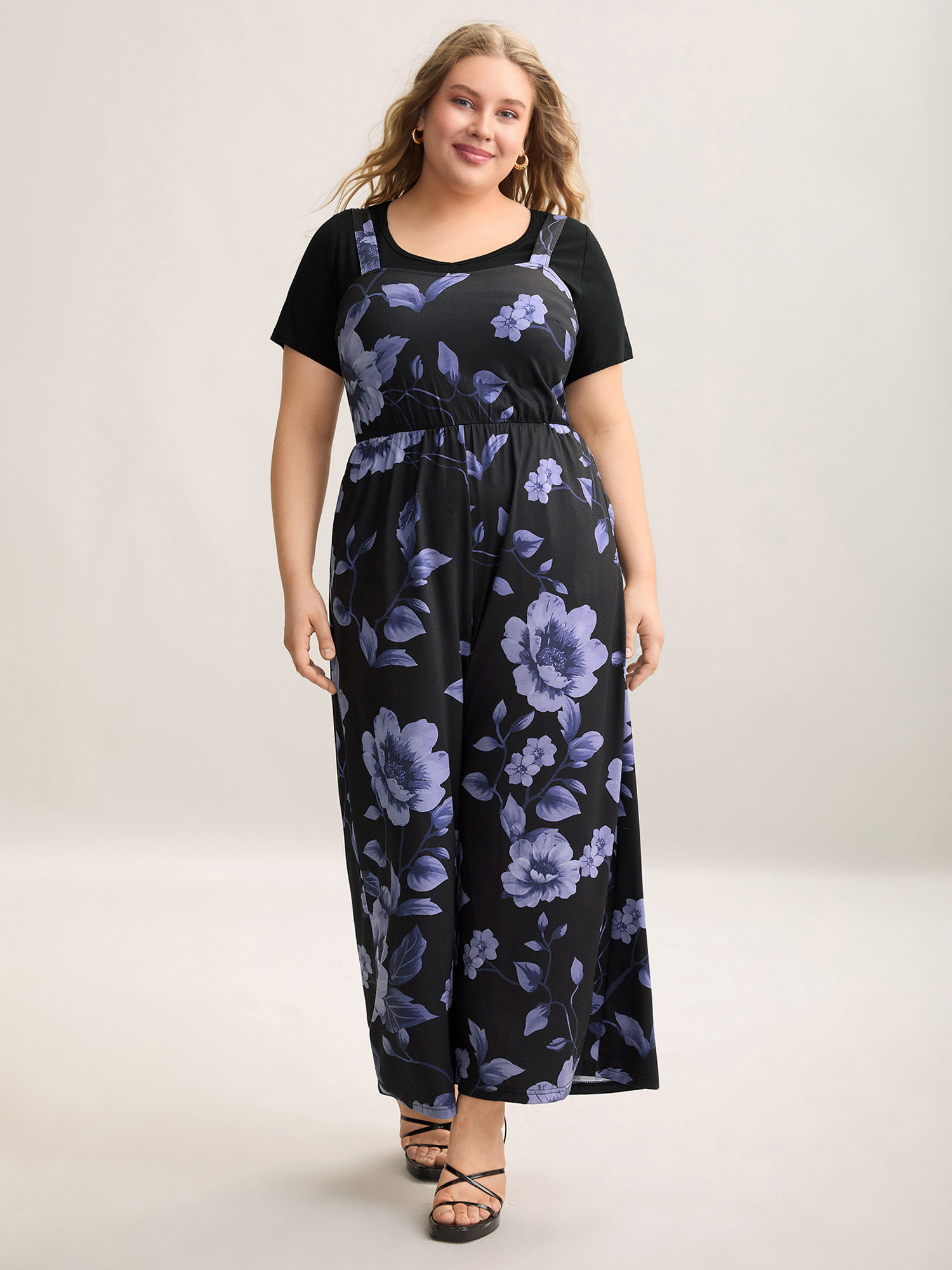 

Plus Size Bluepurple Floral Print Stretchy Adjustable Straps Jumpsuit Women Elegant Sleeveless Non Everyday-Elegant Loose Jumpsuits BloomChic