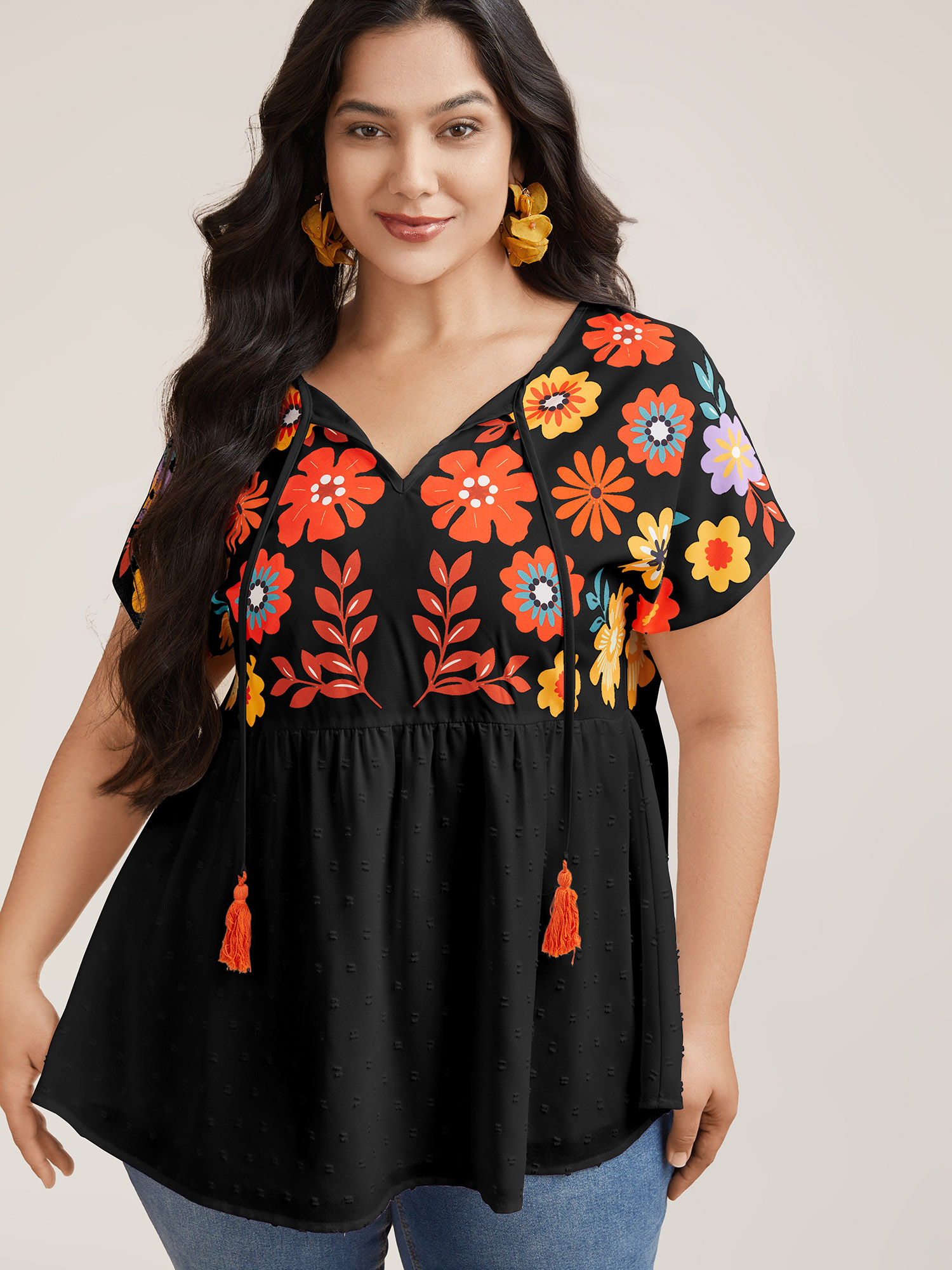 

Plus Size Black Floral Print Neck-Tie Babydoll Top Women Resort Short sleeve Non Vacation Blouses BloomChic