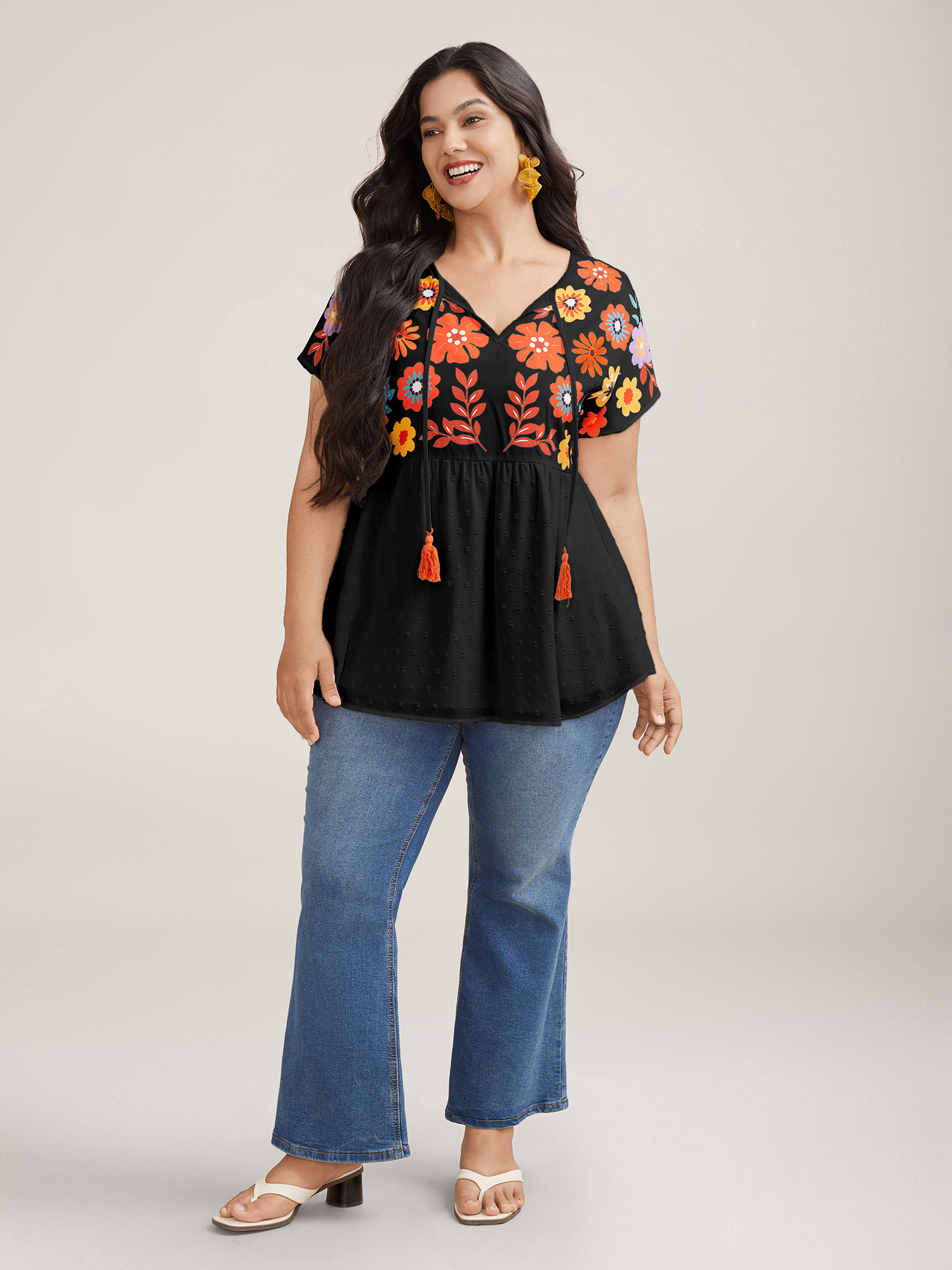 Plus Size Black Floral Print Neck-Tie Babydoll Top Women Resort Short sleeve Non Vacation Blouses BloomChic 22-24/3X 