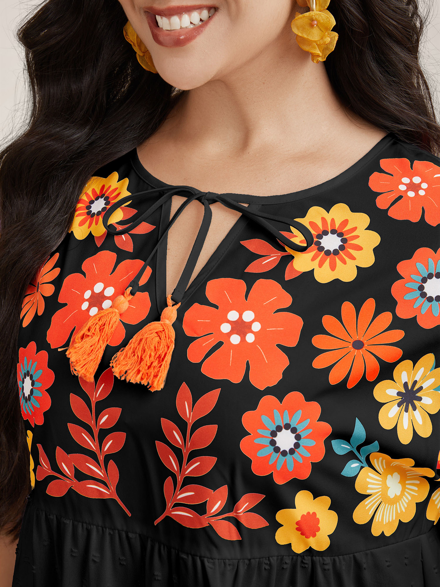 Plus Size Black Floral Print Neck-Tie Babydoll Top Women Resort Short sleeve Non Vacation Blouses BloomChic 22-24/3X 