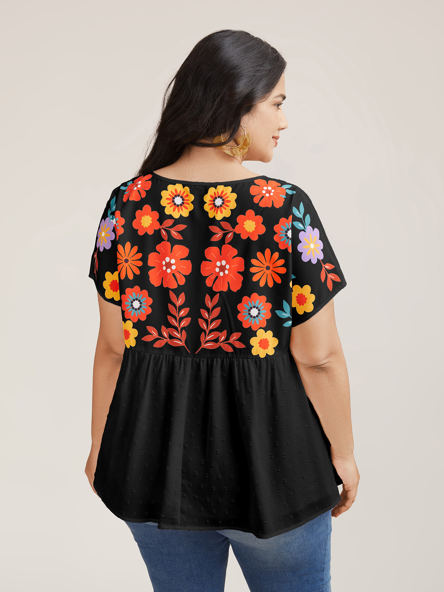 

Plus Size Black Floral Print Neck-Tie Babydoll Top Women Resort Short sleeve Non Vacation Blouses BloomChic