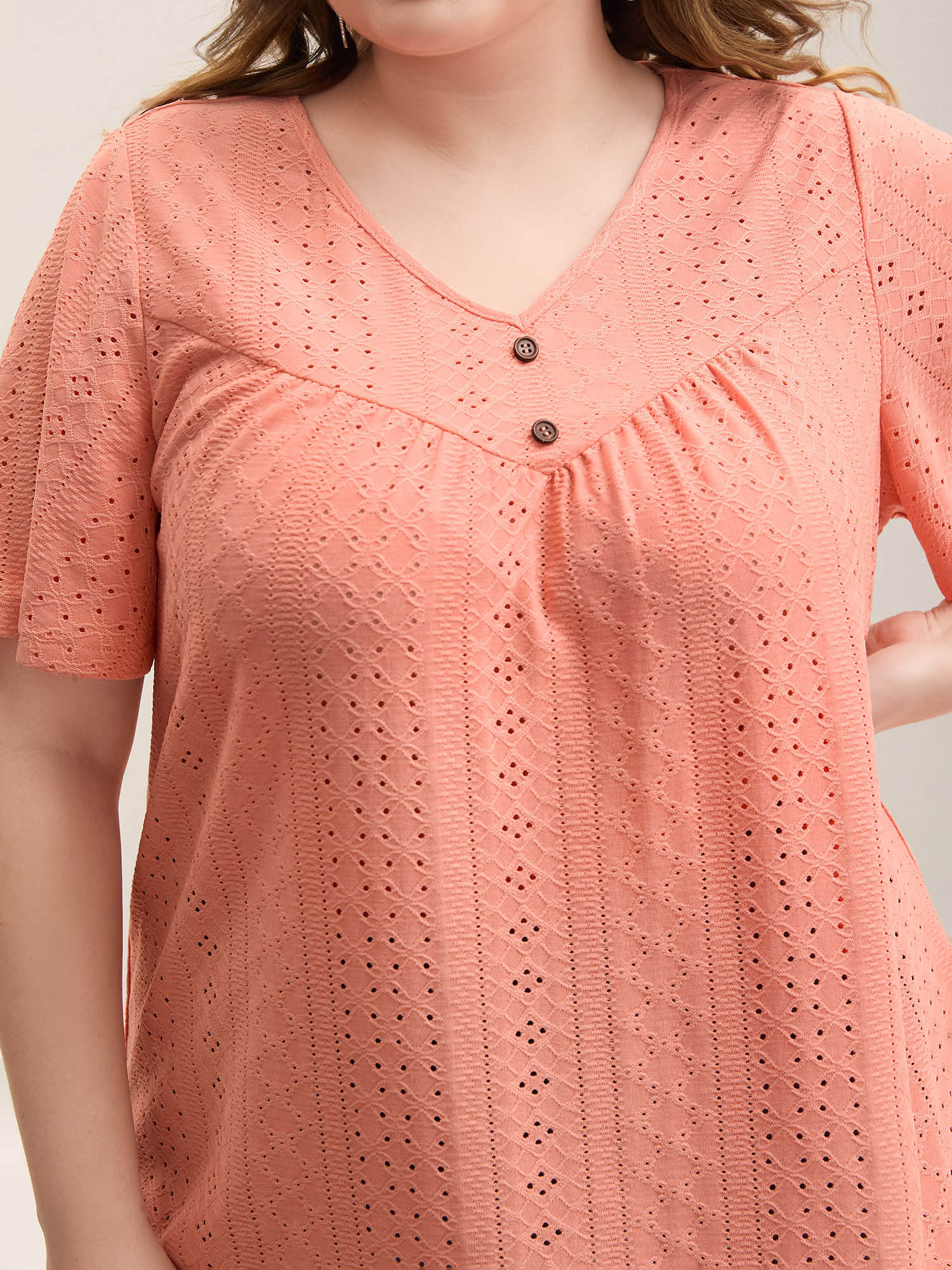 

Plus Size Textured Button Detail Pleated T-Shirt Coral Women Casual Texture V-neck Everyday-Casual T-shirts BloomChic