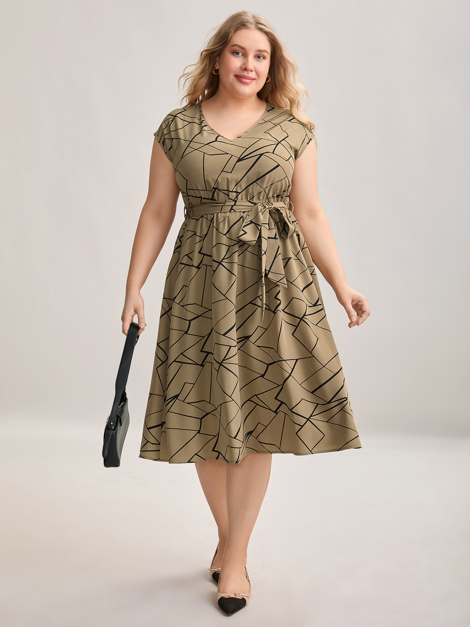 

Plus Size Geometric Print Side Tied Midi Dress LightBrown Women At the Office Belted V-neck Sleeveless Curvy BloomChic