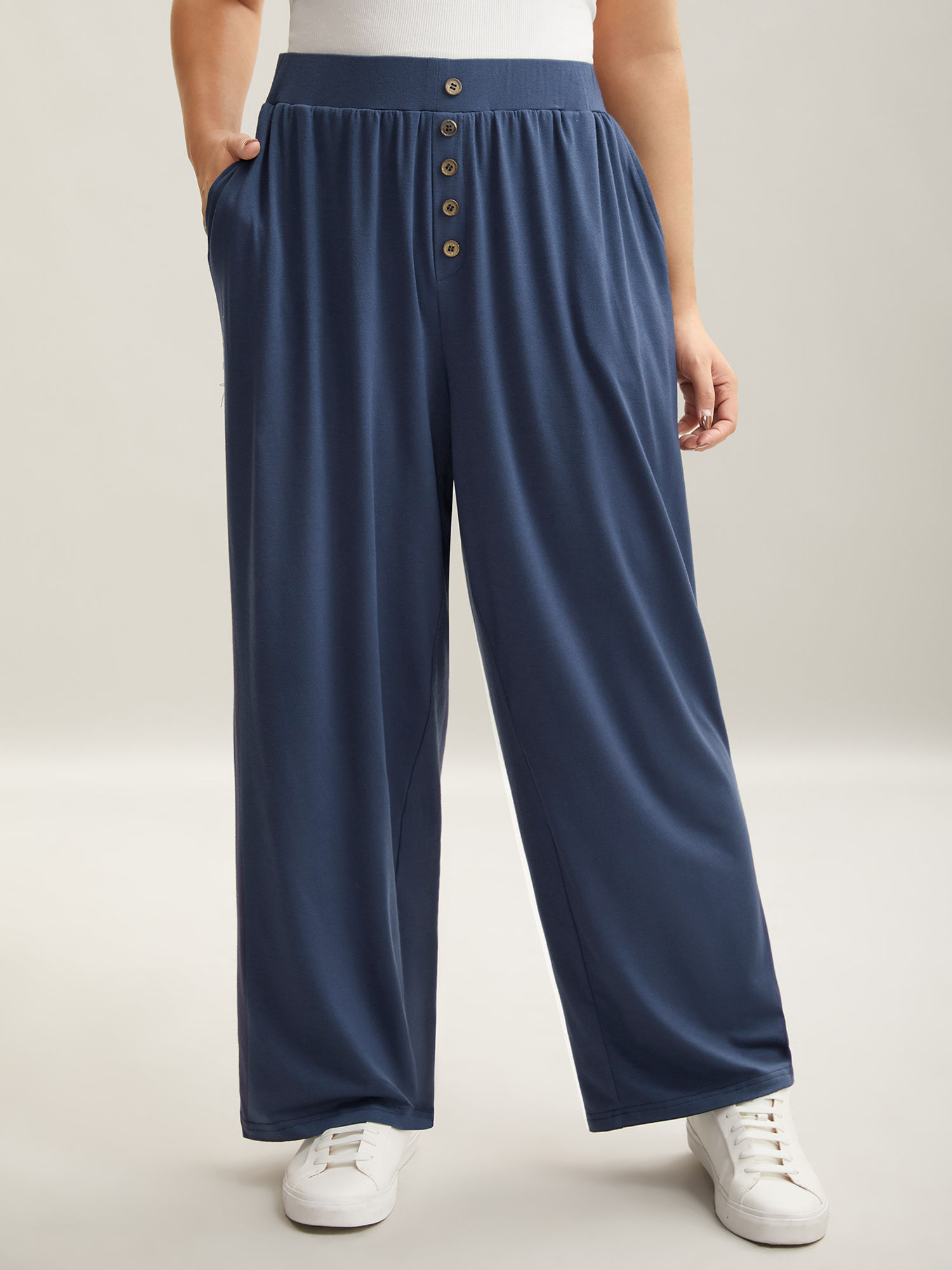 

Plus Size Button Front Pleated Comfy Fit Pants Women Indigo Casual Wide Leg Mid Rise Everyday Pants BloomChic