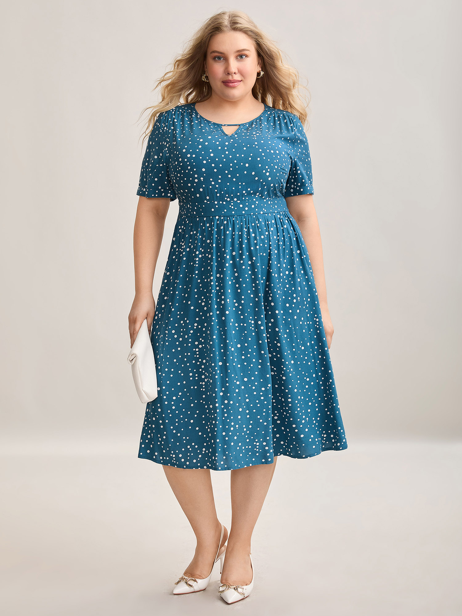 

Plus Size Dot Print Shirred Waist Midi Dress Aegean Women At the Office Gathered Round Neck Short sleeve Curvy BloomChic