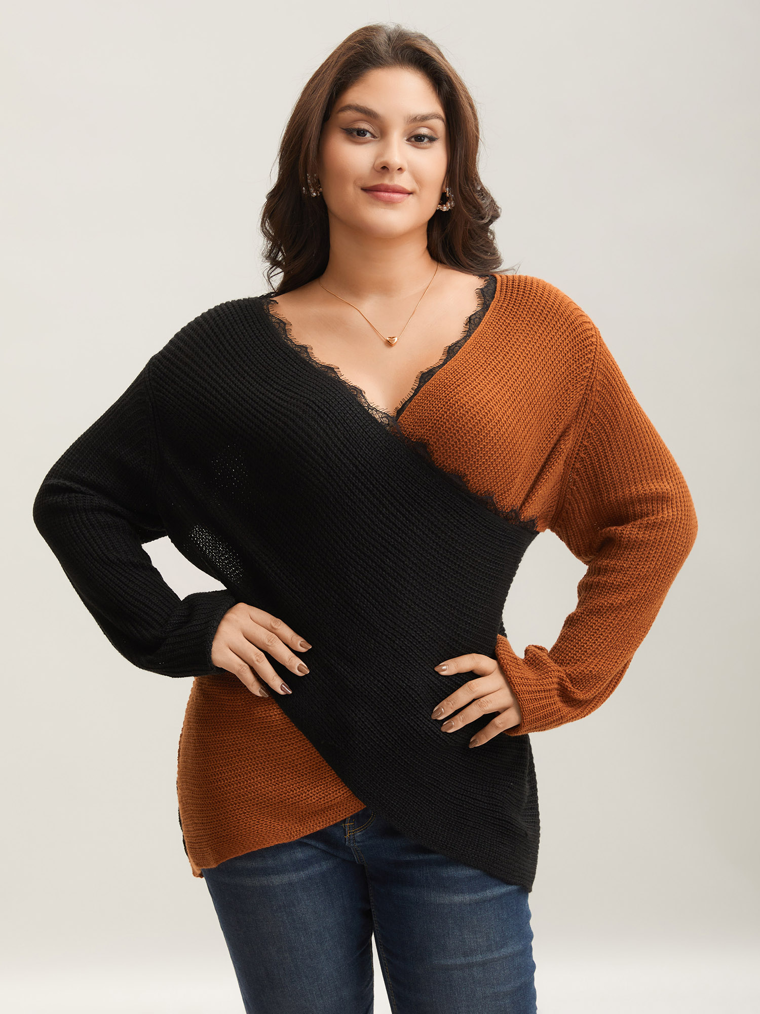 

Plus Size Colorblock Contrast Pointelle Knit Lace Crisscross Knit Top Chocolate Women Elegant Loose Long Sleeve Deep V-neck Dailywear Pullovers BloomChic