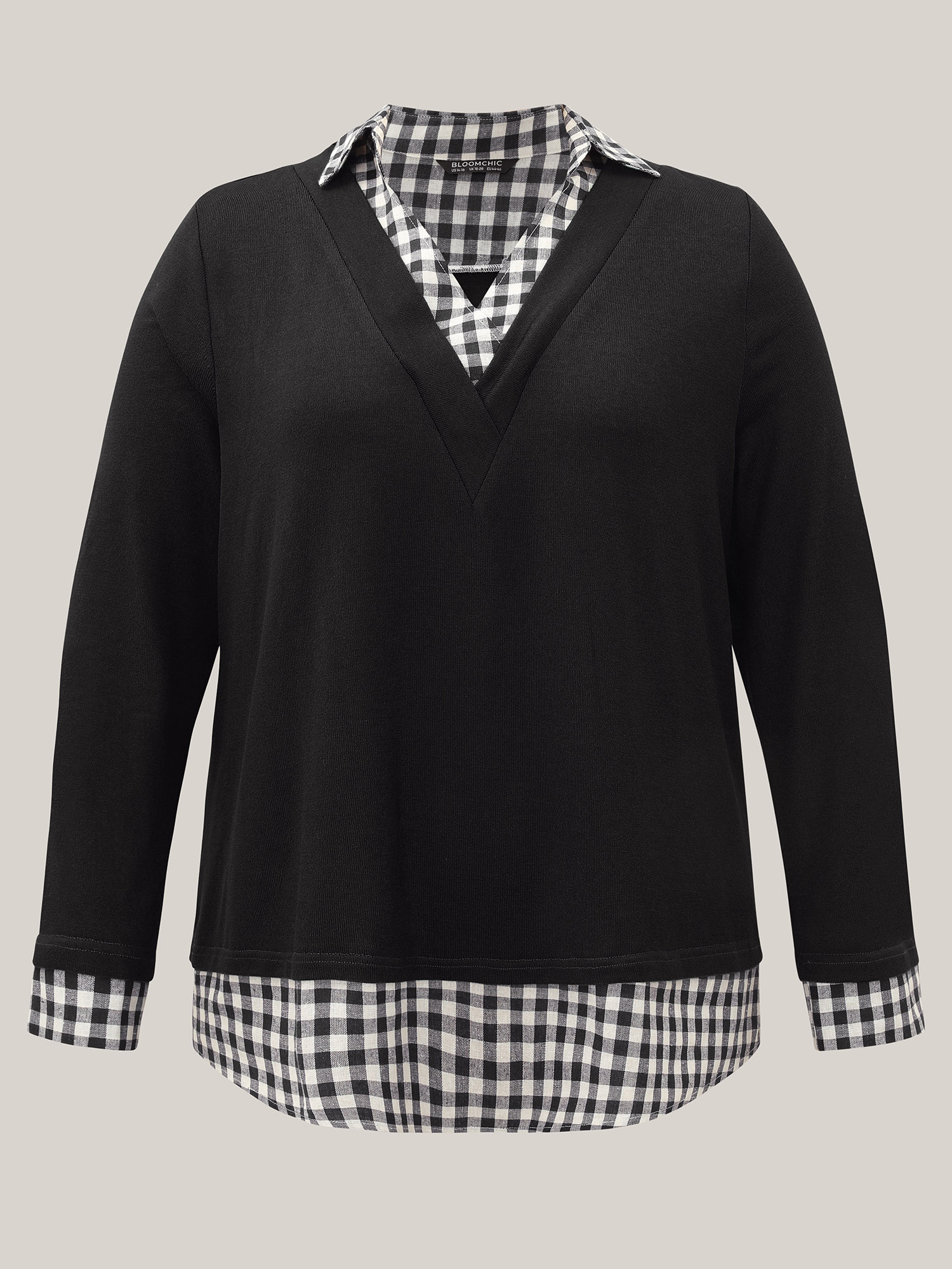 

Plus Size Gingham Patchwork Shirt Collar Arc Hem Sweatshirt Women Black Casual Patchwork V-neck Everyday Sweatshirts BloomChic